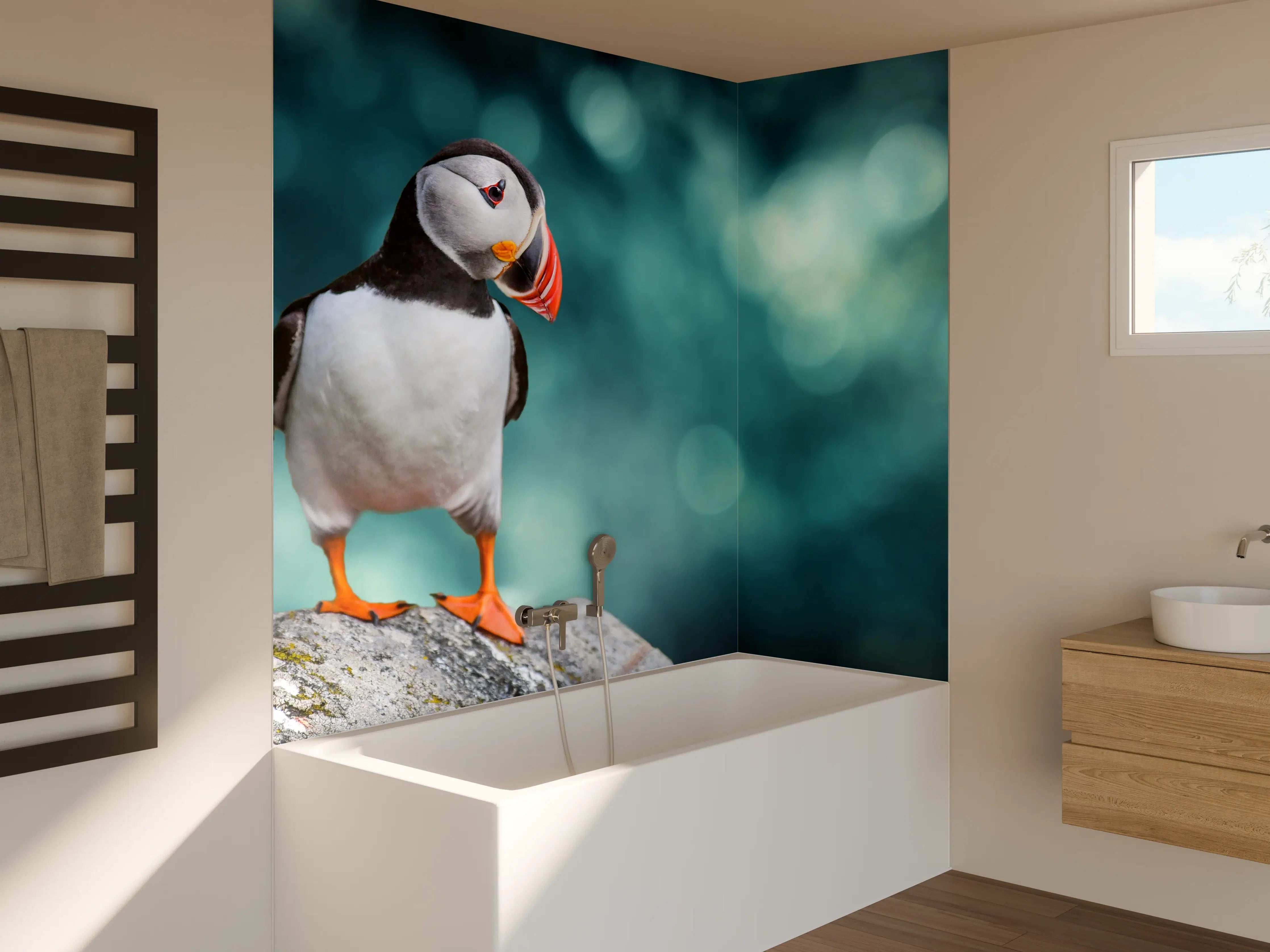 Badewannen-Rückwand - Papageientaucher auf Fels