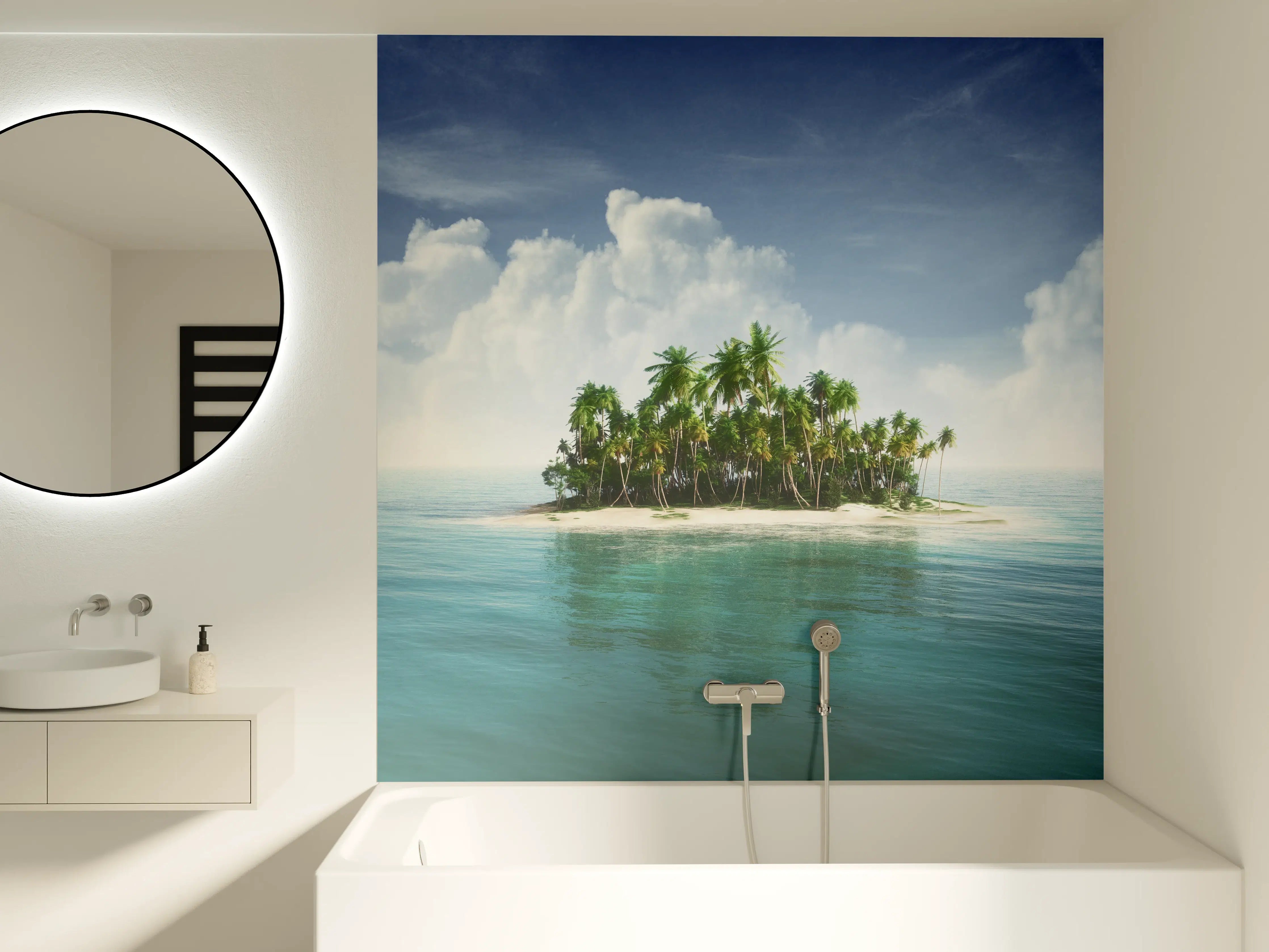 Badewannen-Rückwand - Paradiesinsel mit Palmen vor Himmel