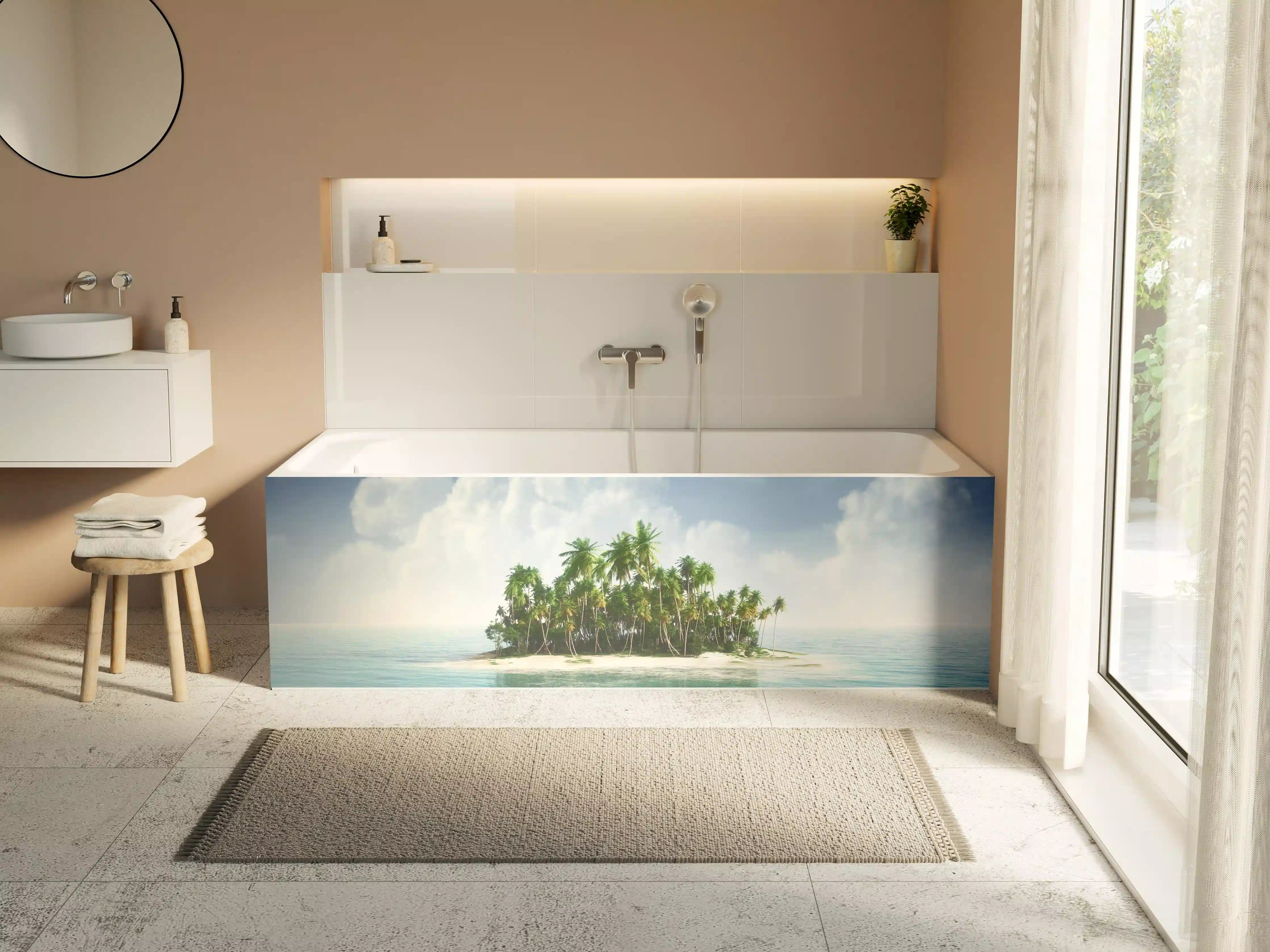 Badewannen-Rückwand - Paradiesinsel mit Palmen vor Himmel