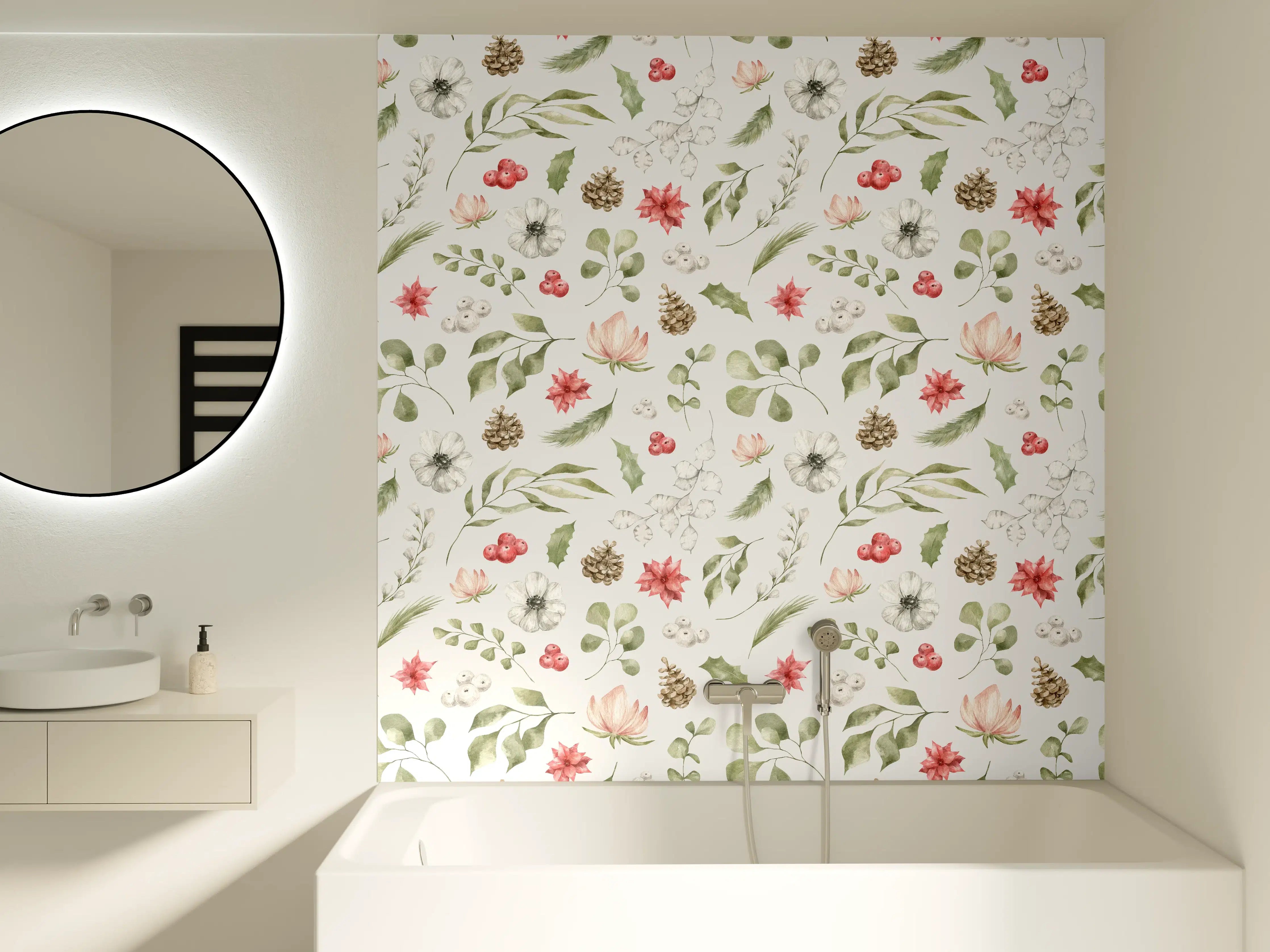 Badewannen-Rückwand - Pastell Blumenmuster Weiß-Grün-Rosa