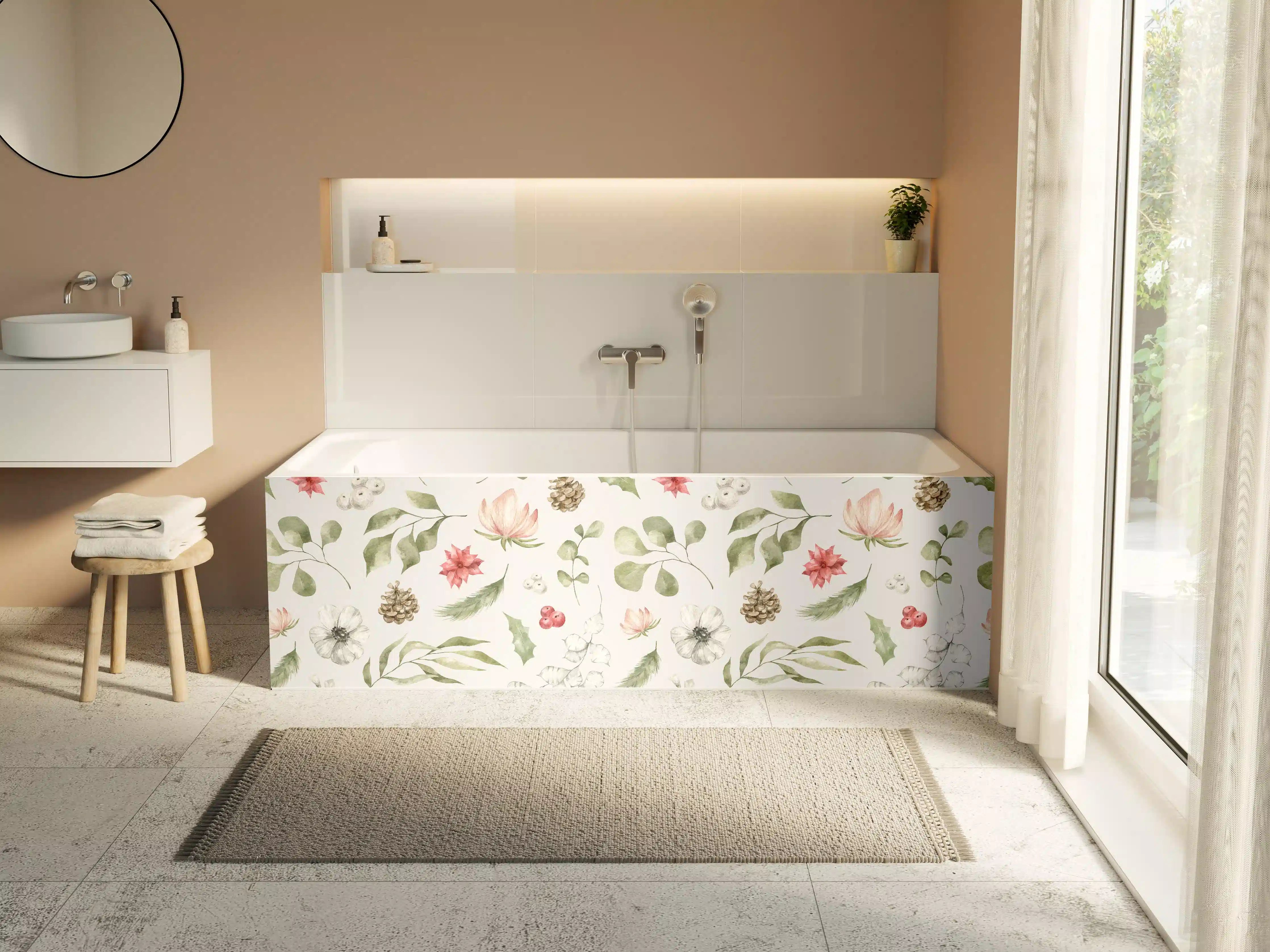 Badewannen-Rückwand - Pastell Blumenmuster Weiß-Grün-Rosa