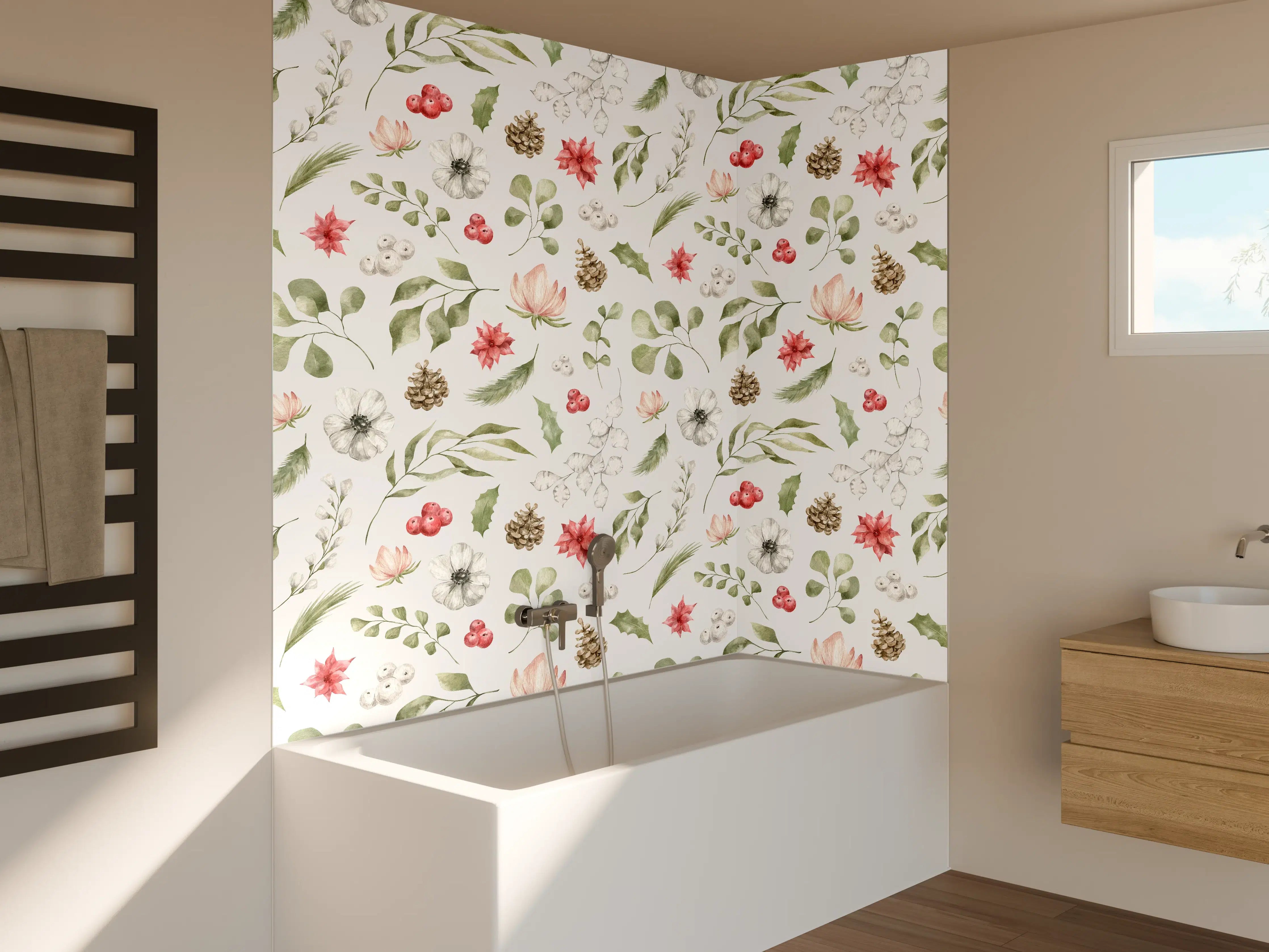 Badewannen-Rückwand - Pastell Blumenmuster Weiß-Grün-Rosa