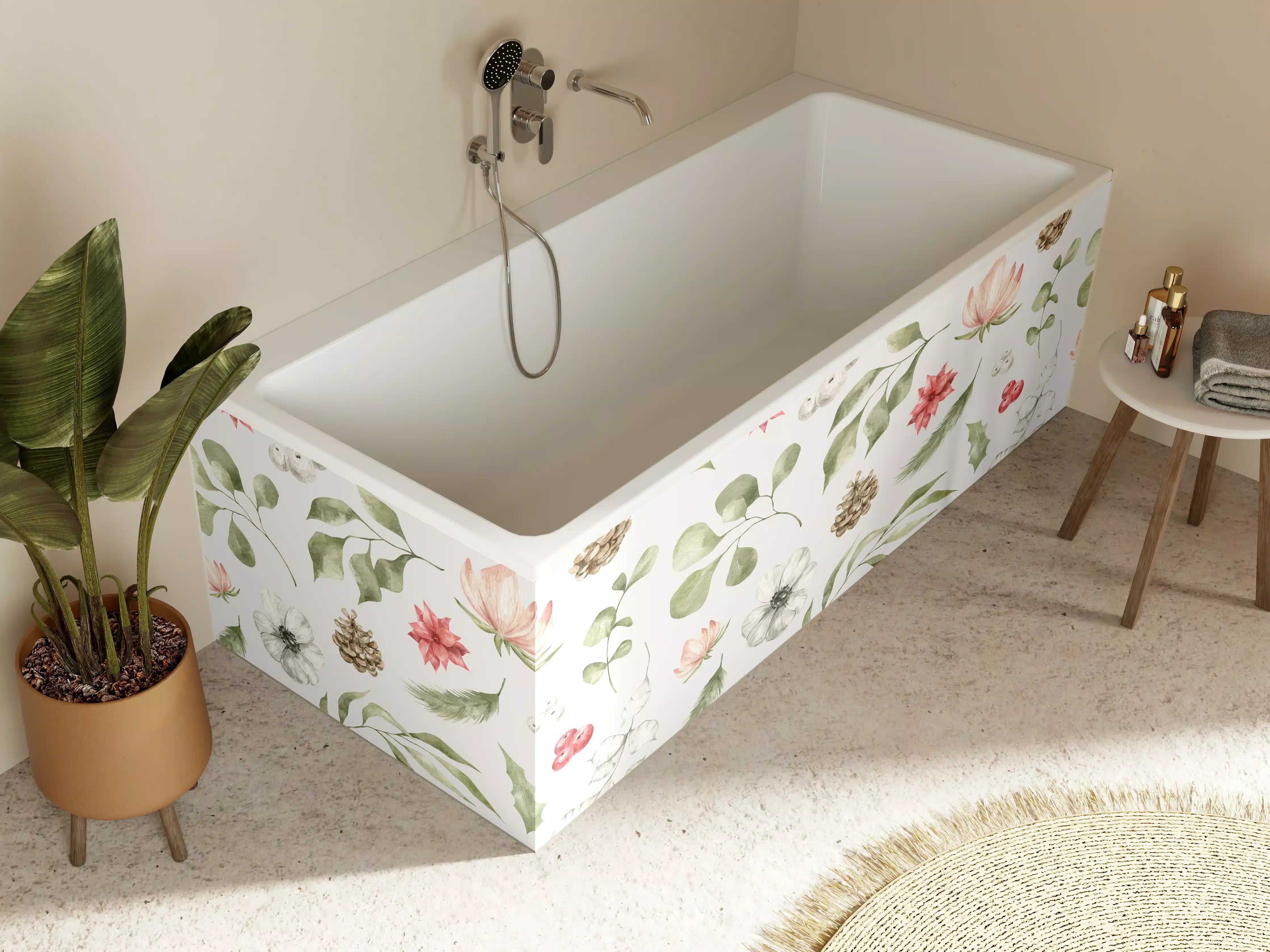 Badewannen-Rückwand - Pastell Blumenmuster Weiß-Grün-Rosa