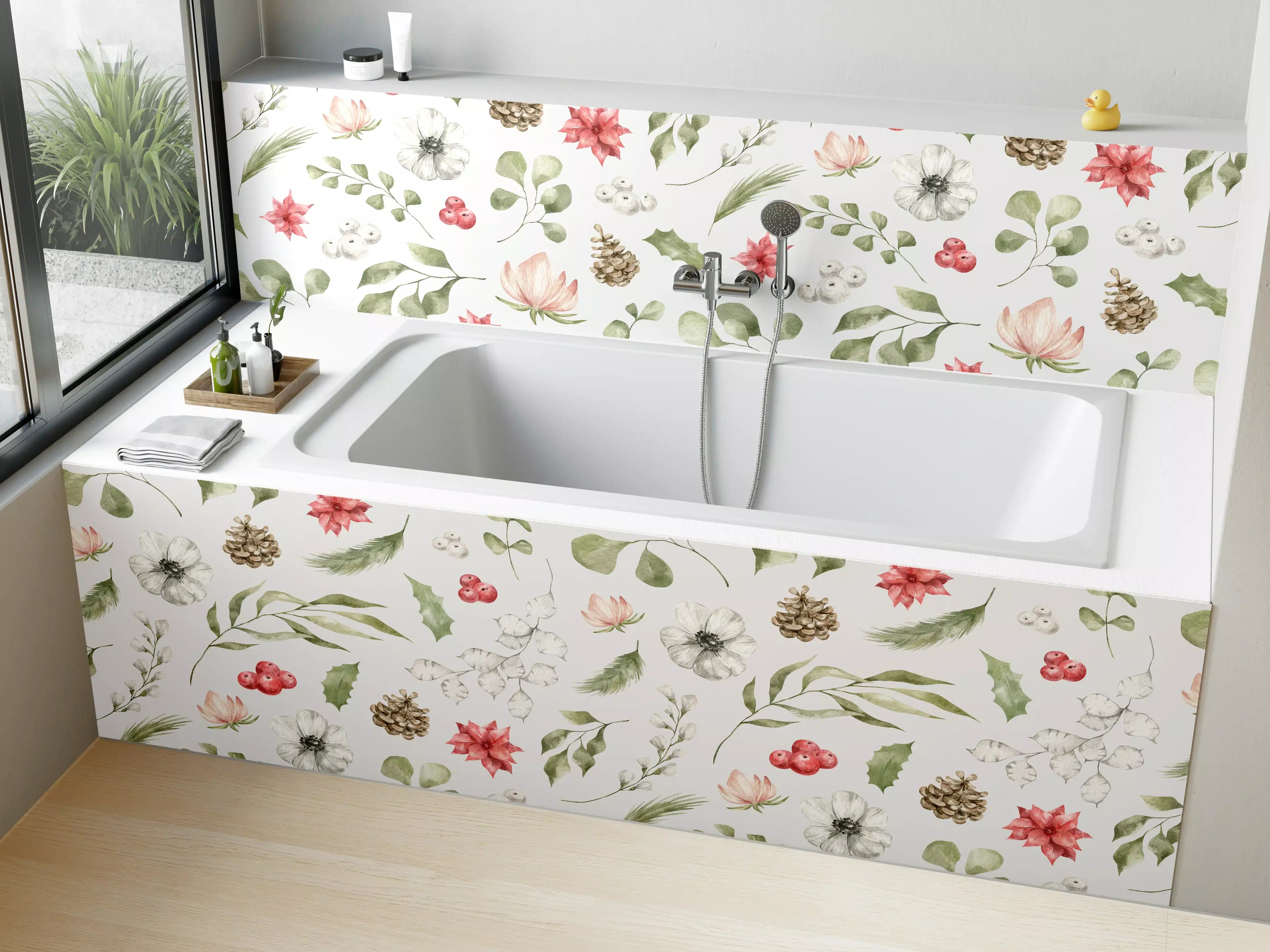 Badewannen-Rückwand - Pastell Blumenmuster Weiß-Grün-Rosa