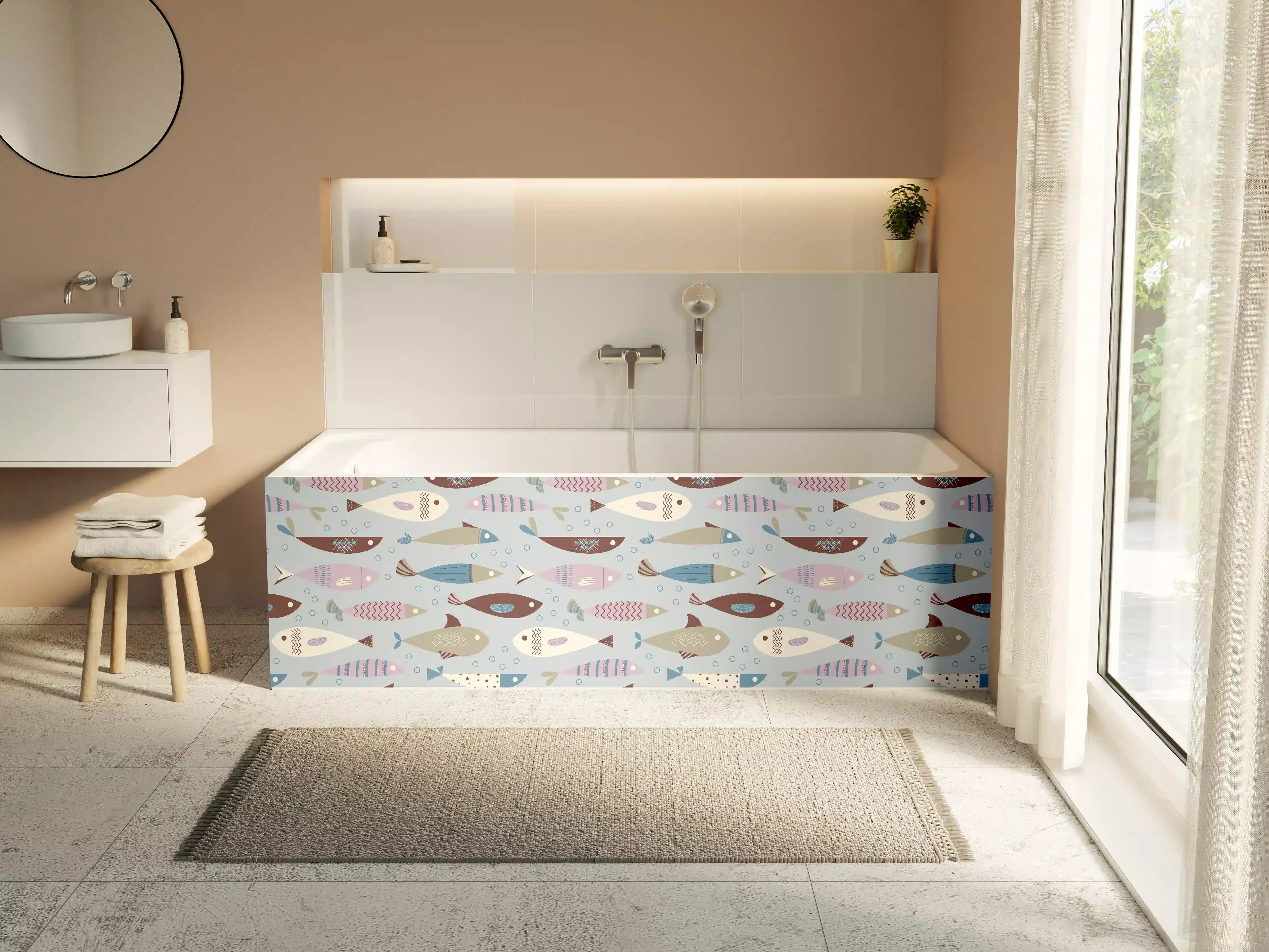 Badewannen-Rückwand - Pastell-Fischmuster Blau Beige