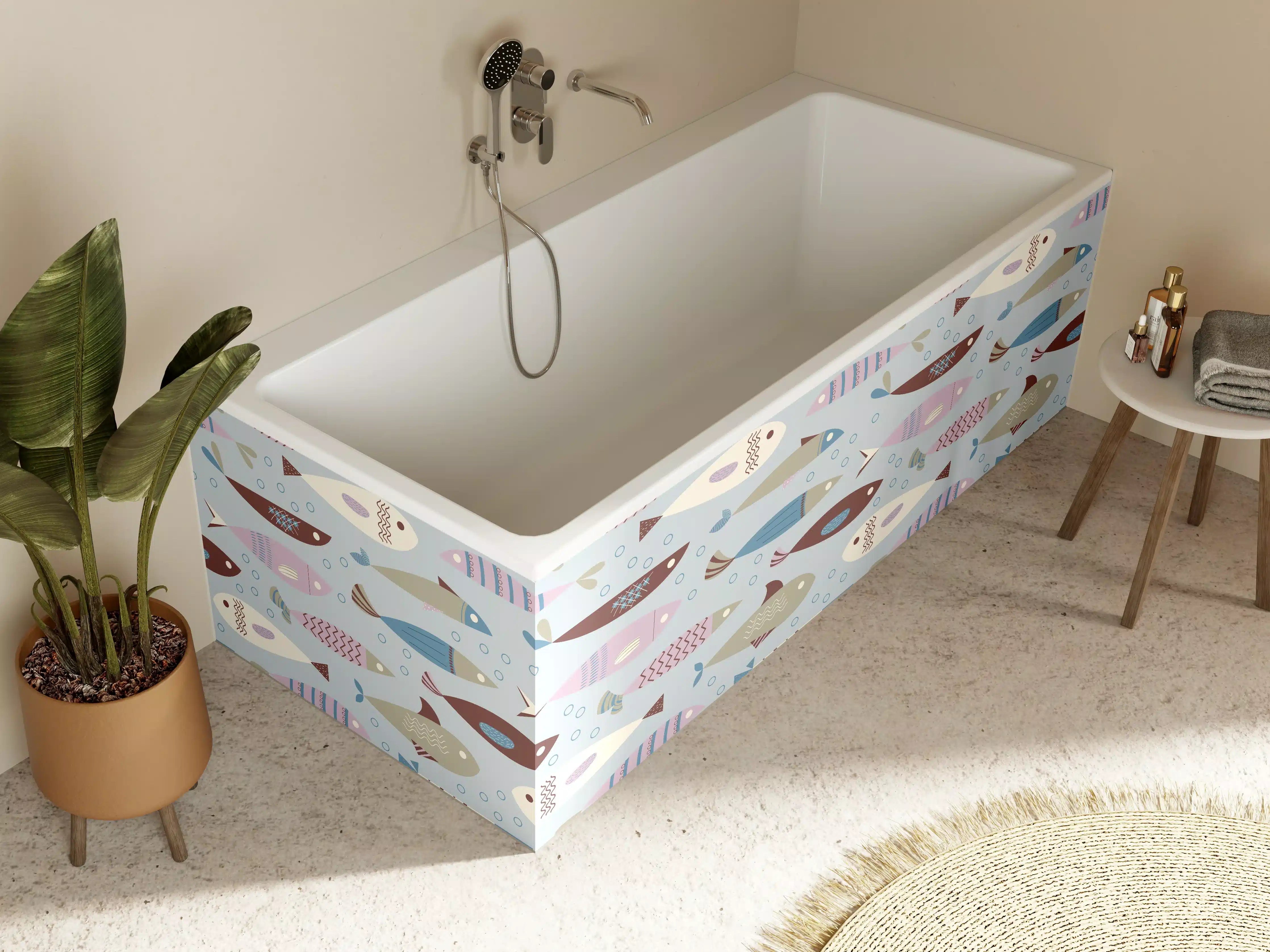 Badewannen-Rückwand - Pastell-Fischmuster Blau Beige