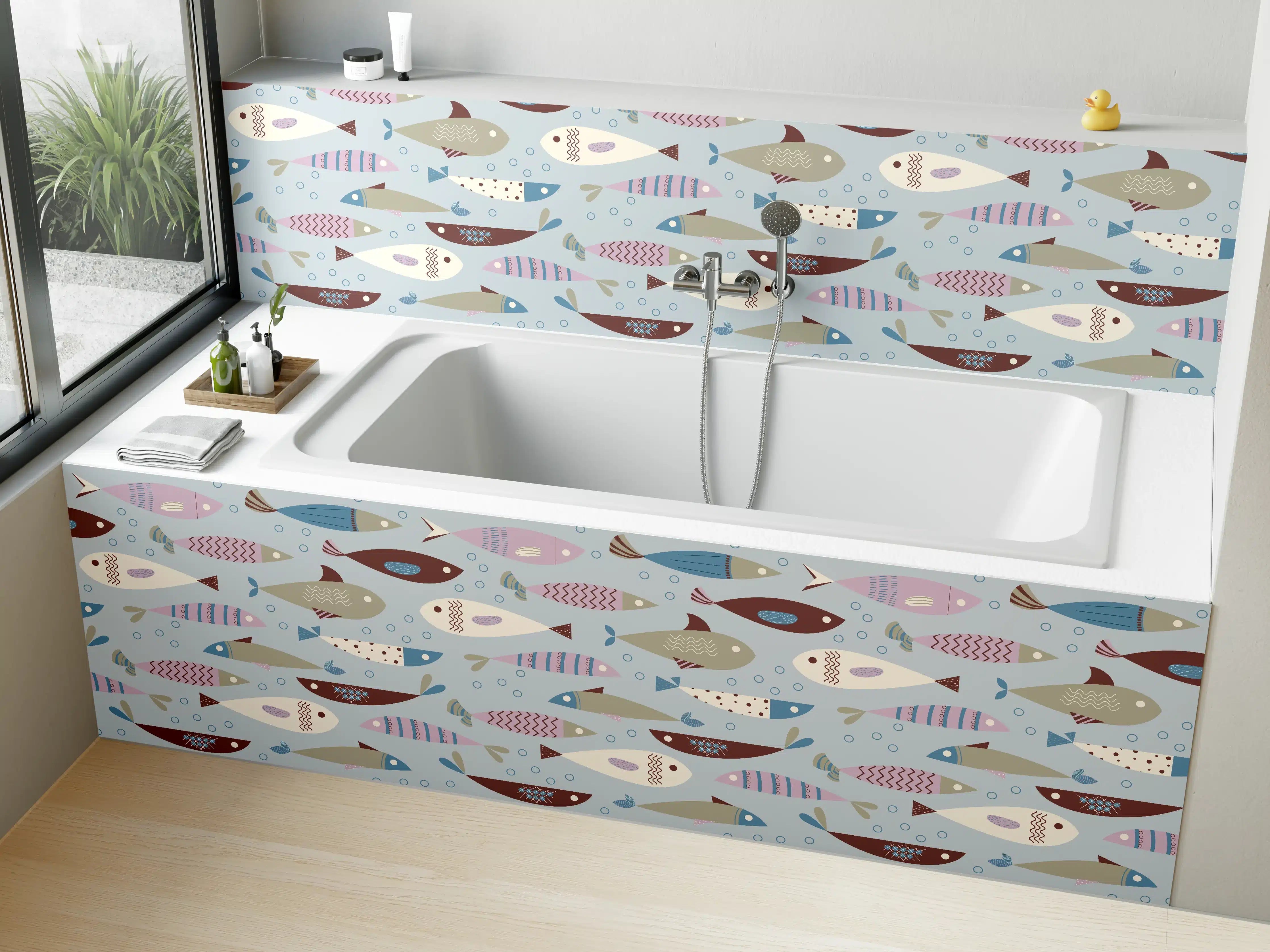 Badewannen-Rückwand - Pastell-Fischmuster Blau Beige