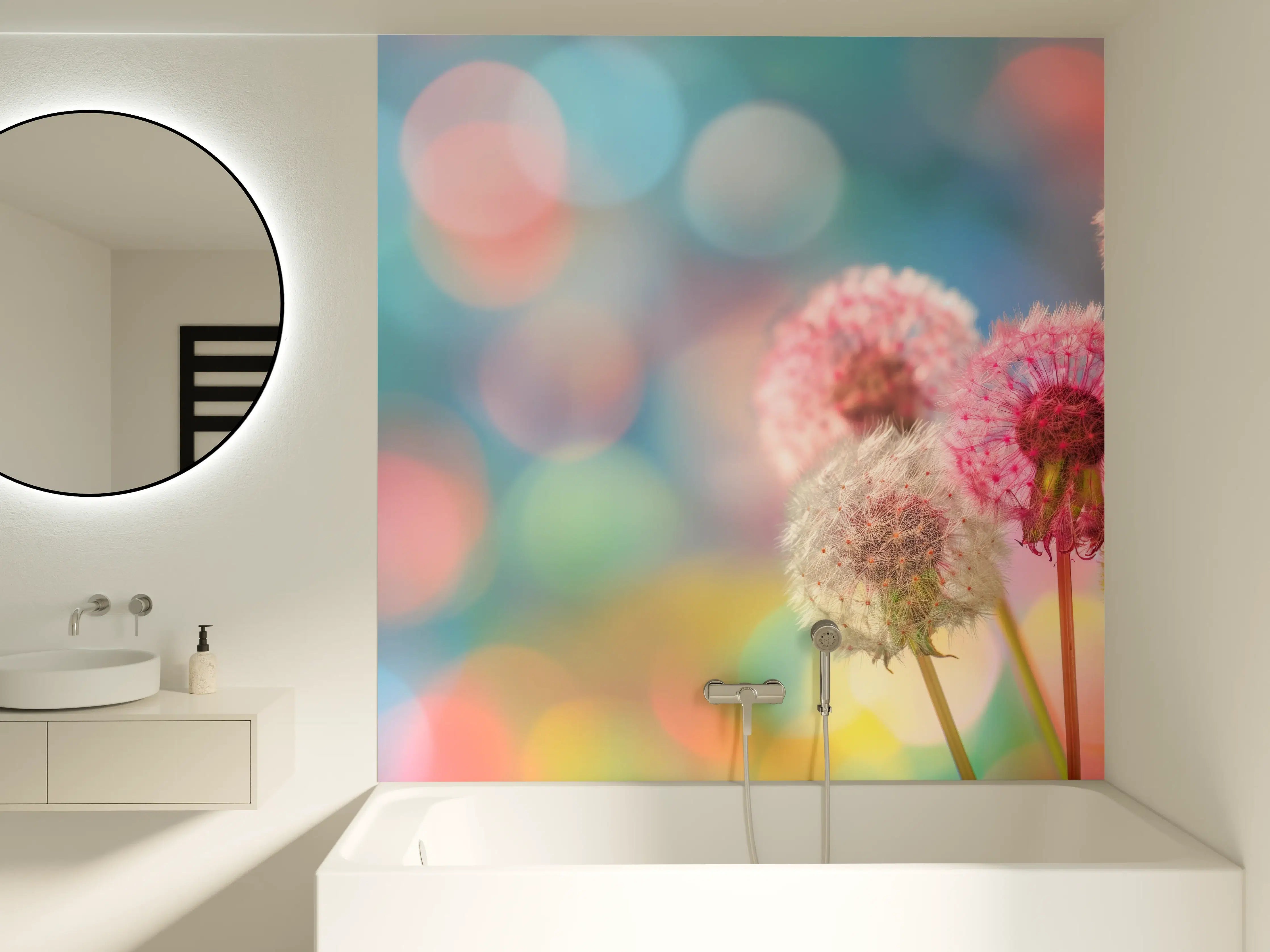 Badewannen-Rückwand - Pastell-Pusteblumen im Bokeh
