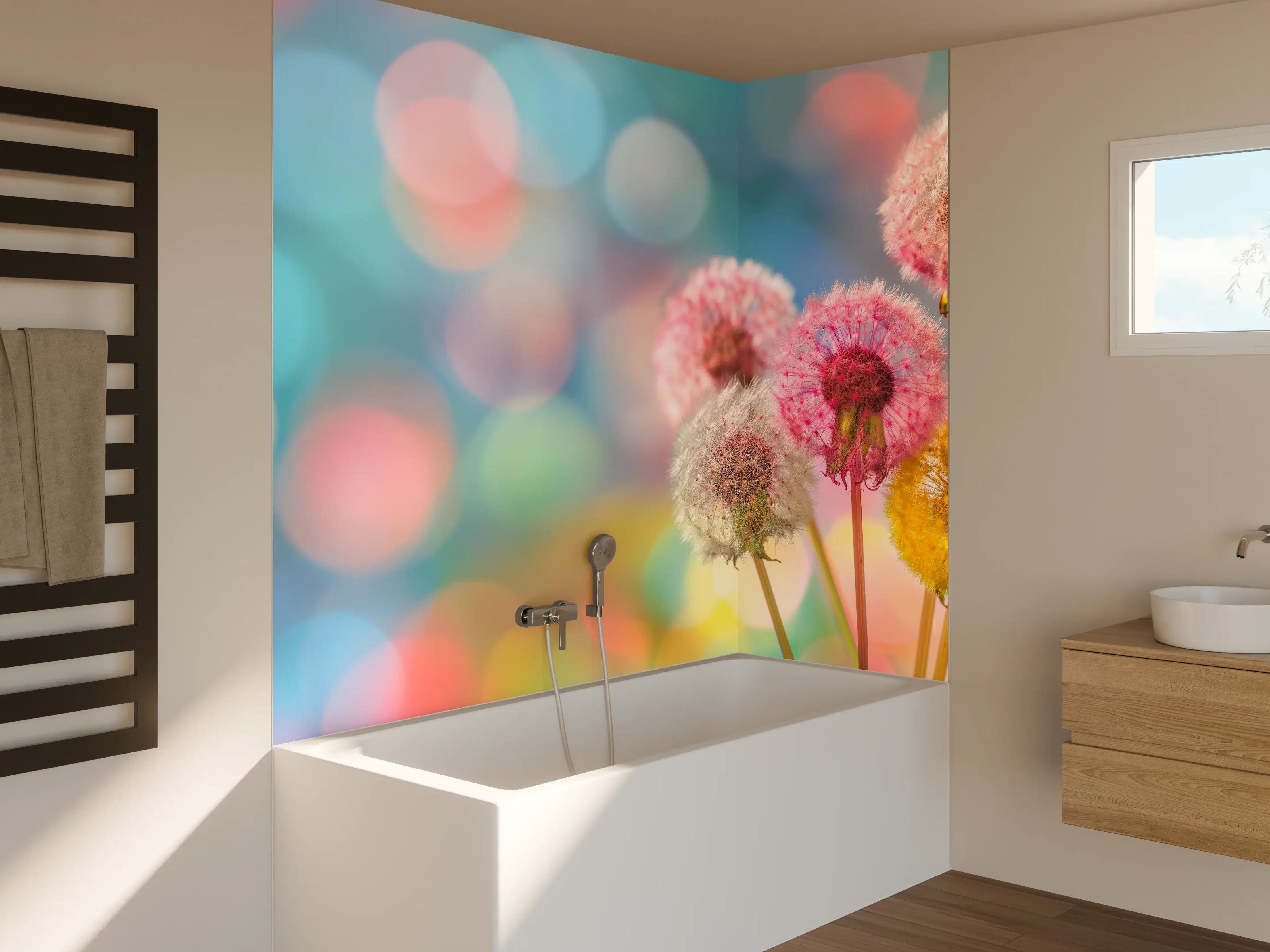 Badewannen-Rückwand - Pastell-Pusteblumen im Bokeh