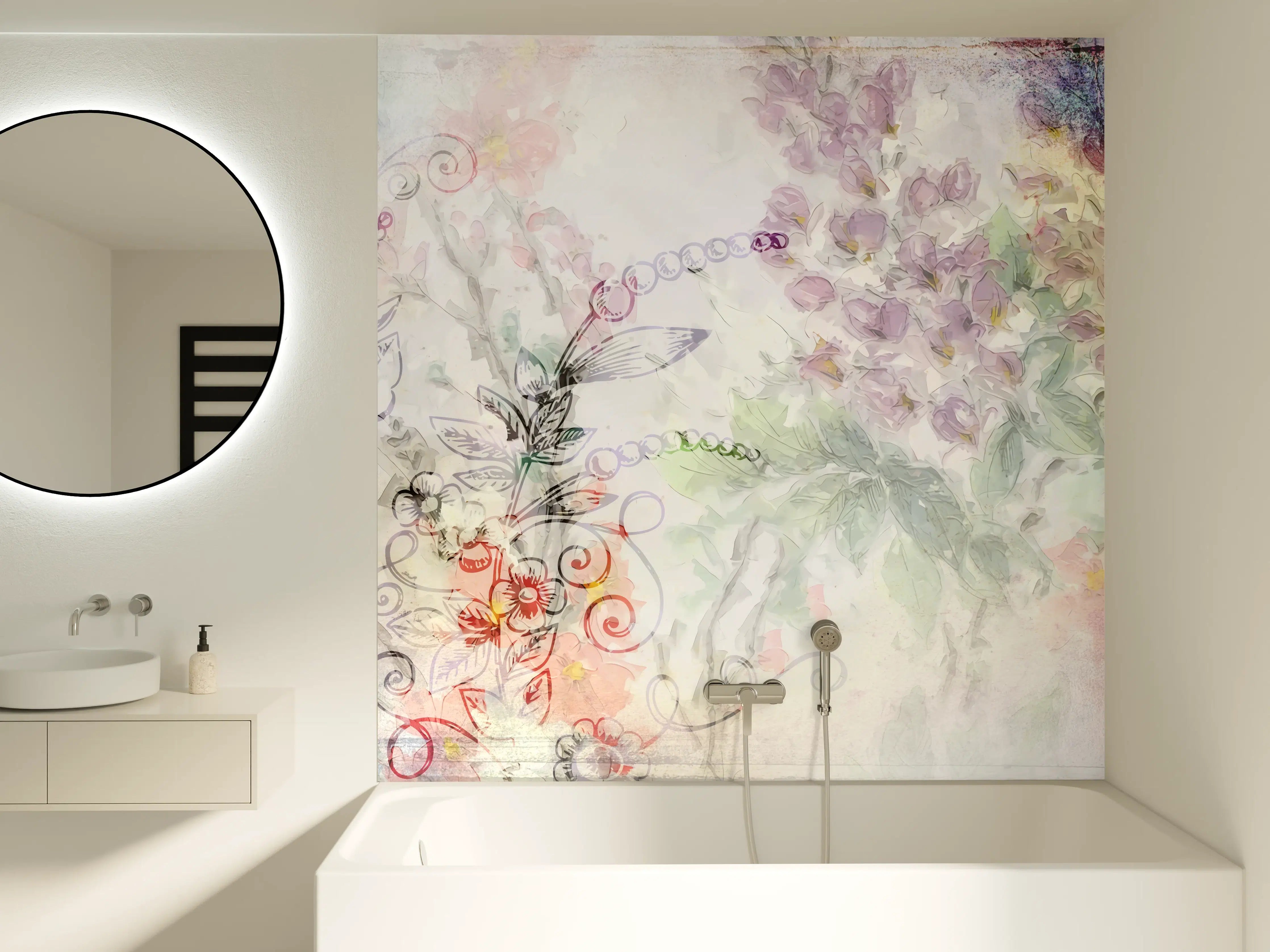 Badewannen-Rückwand - Pastellfarbene Blumenillustration