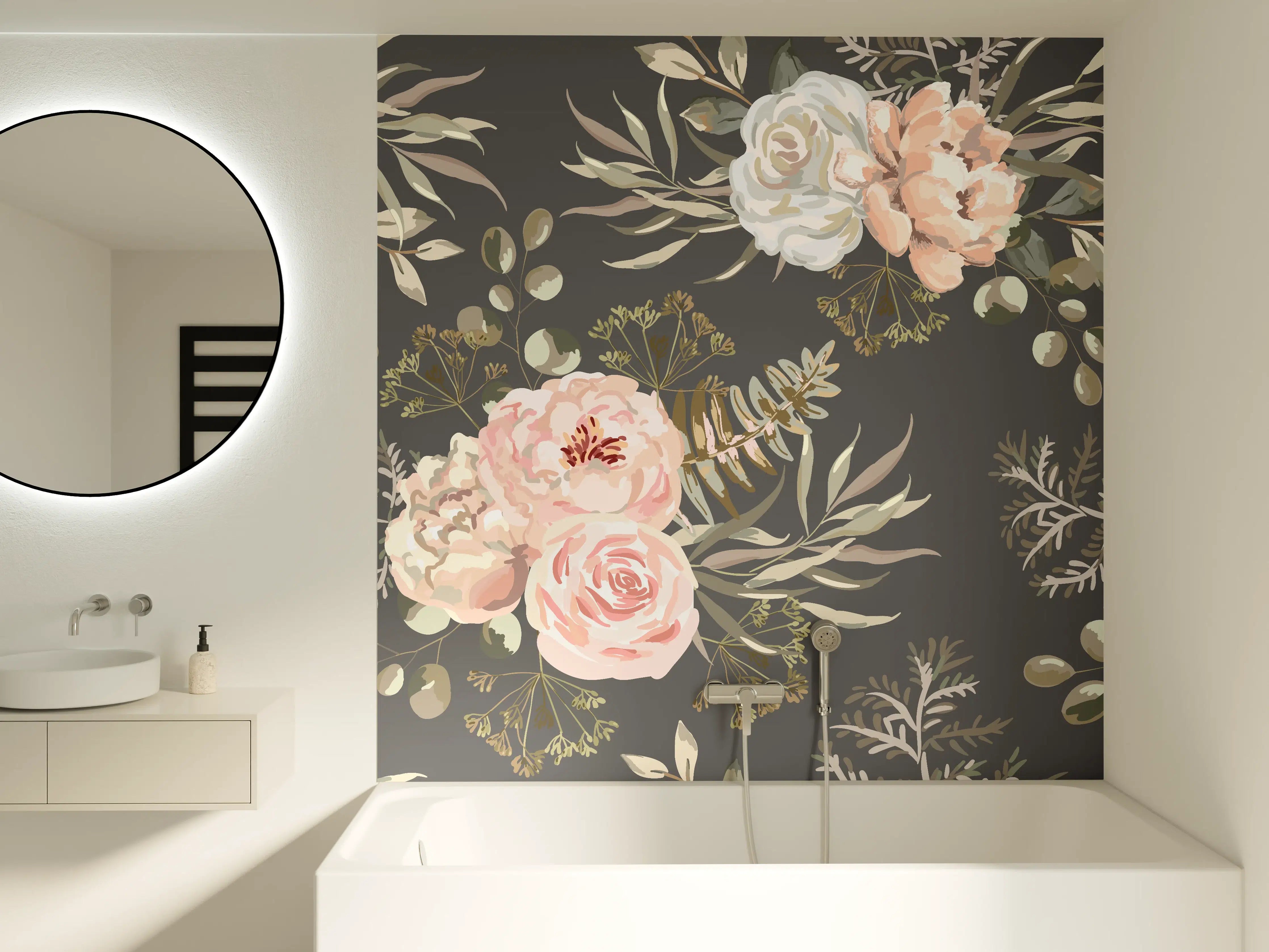 Badewannen-Rückwand - Pastellfarbene Blumenillustration mit zarten Grautönen