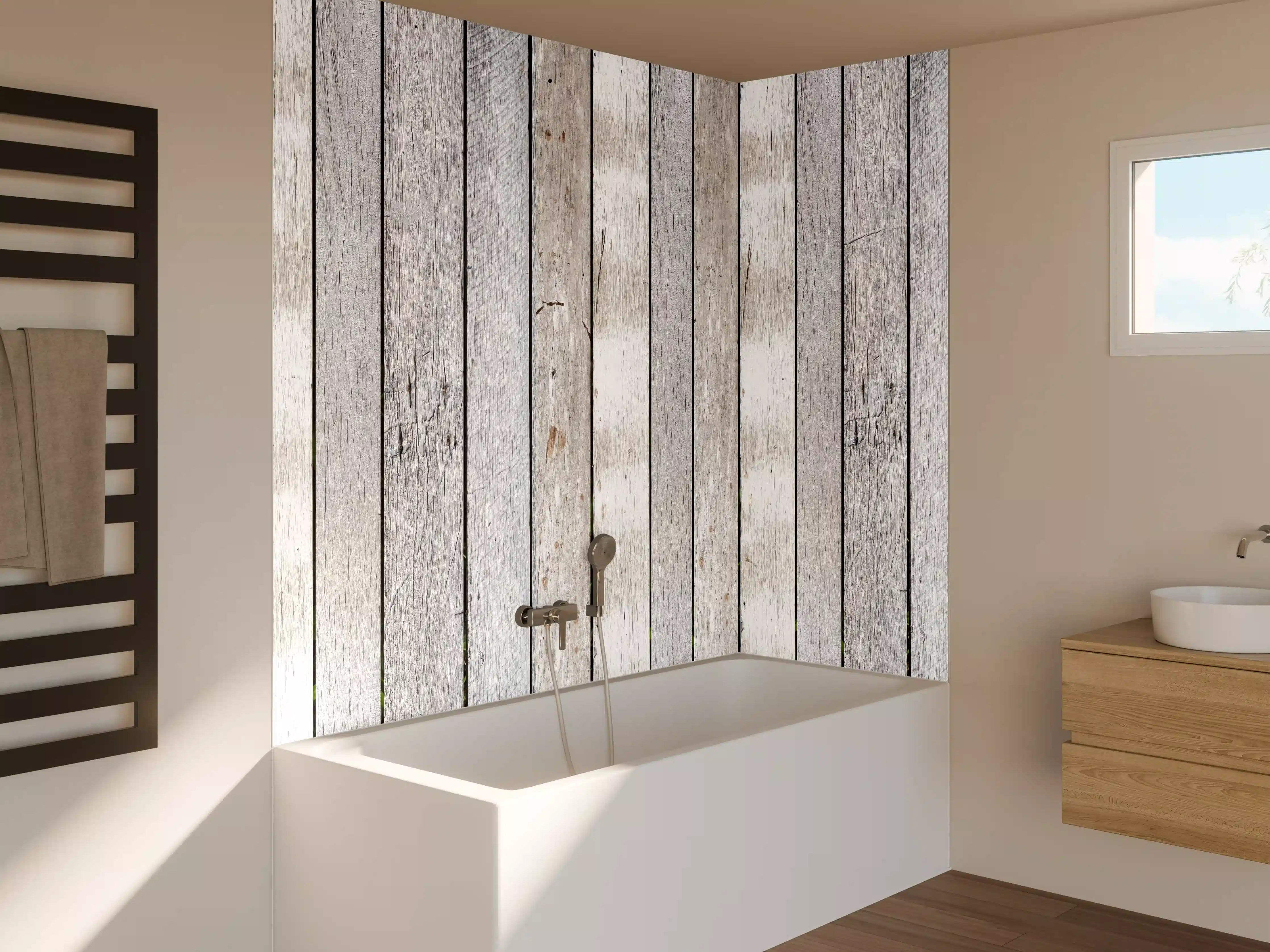 Badewannen-Rückwand - Pastellfarbene Vintage Holzwand