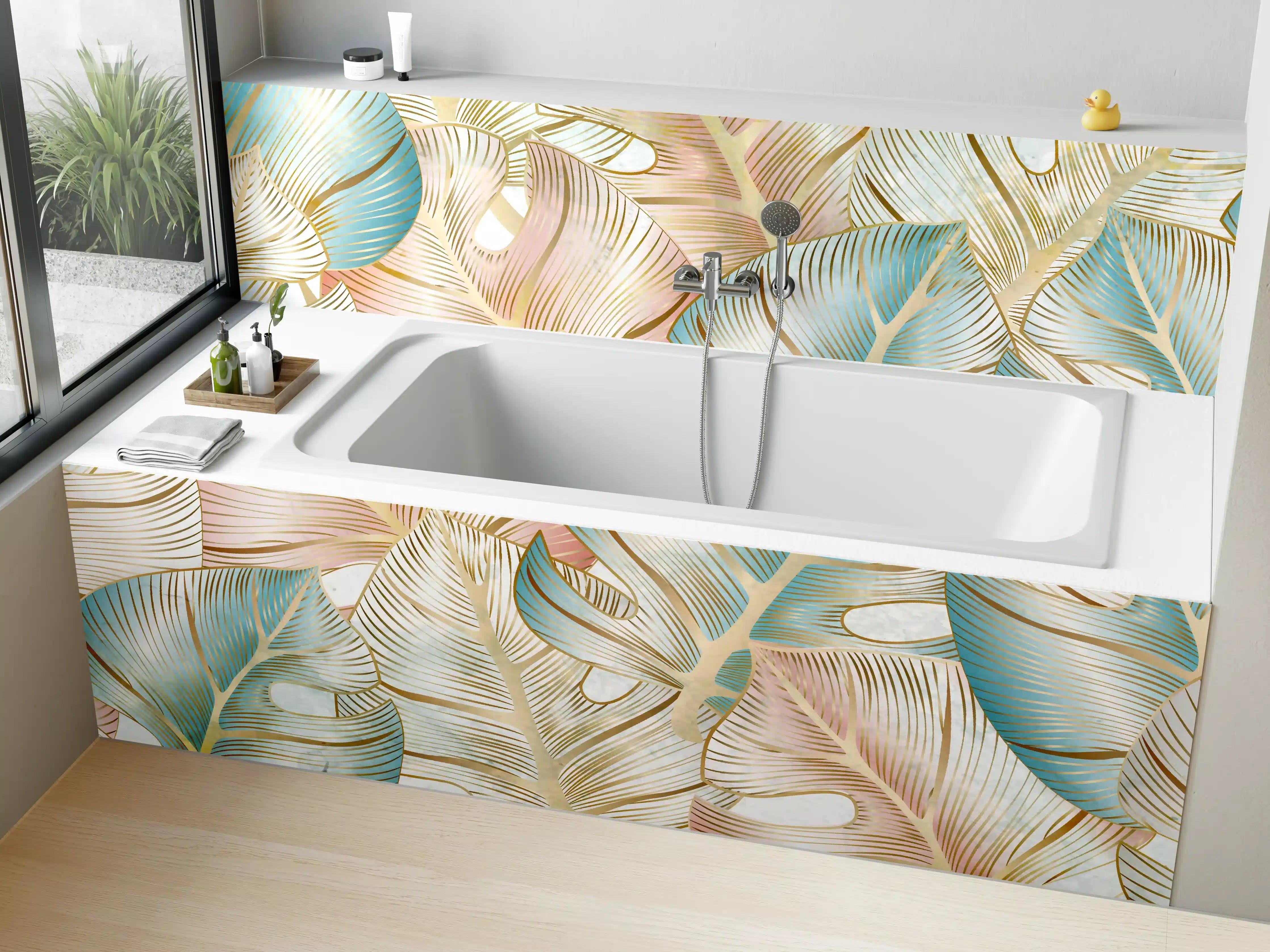Badewannen-Rückwand - Pastellfarbenes Blattmuster Design