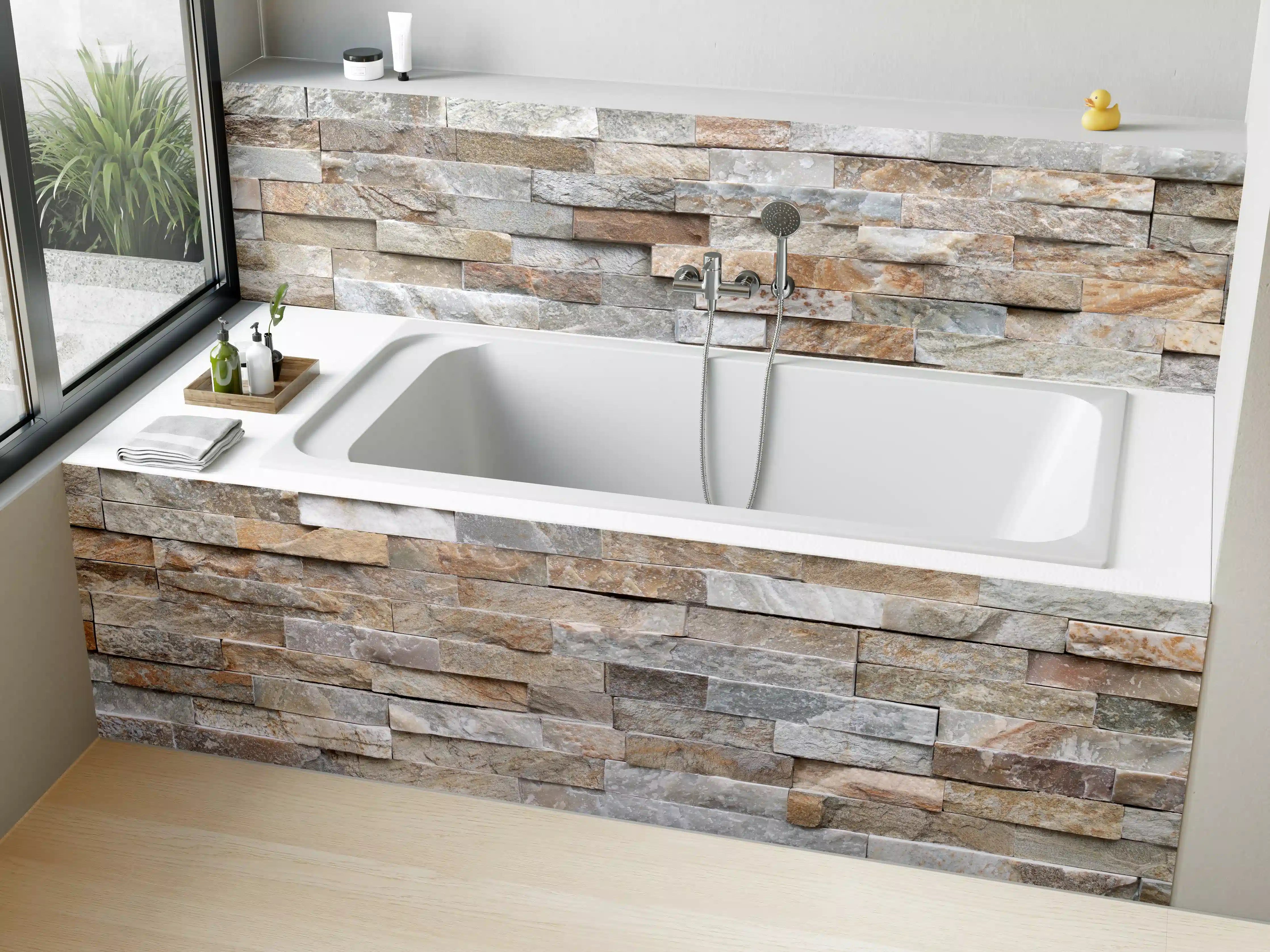 Badewannen-Rückwand - Pastellfarbige Steinmauer