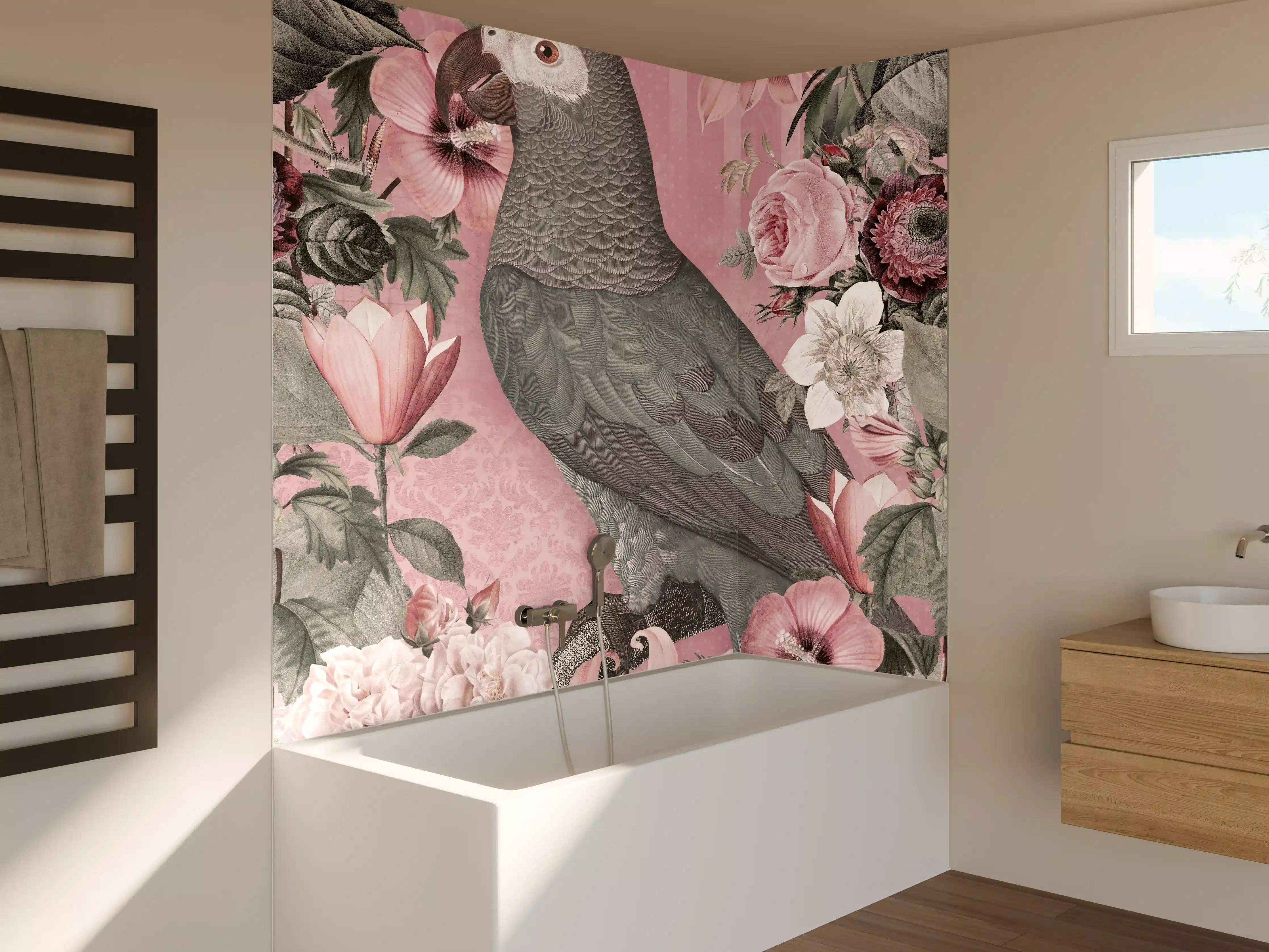 Badewannen-Rückwand - Pastellrosa Papagei Flora