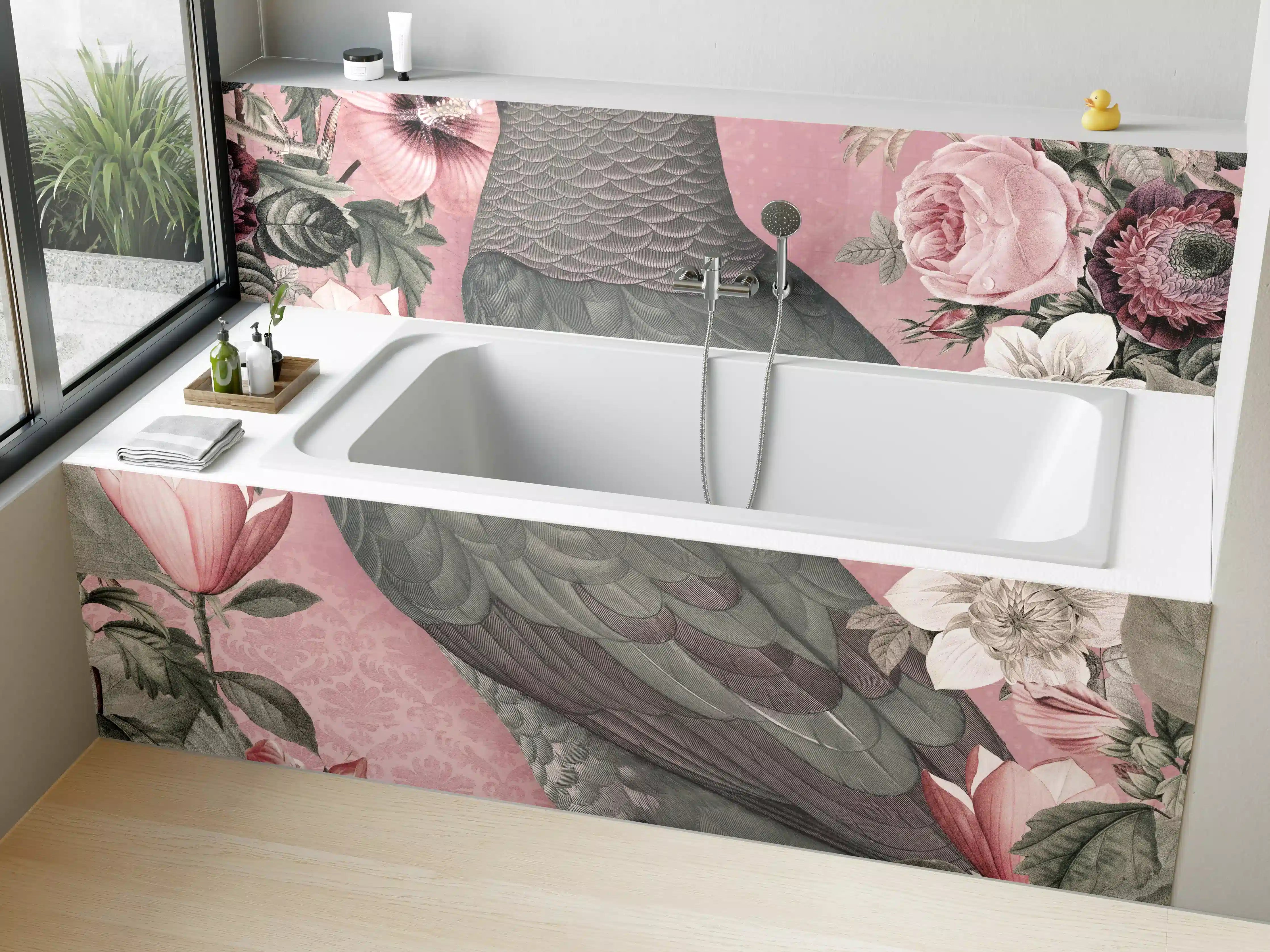 Badewannen-Rückwand - Pastellrosa Papagei Flora