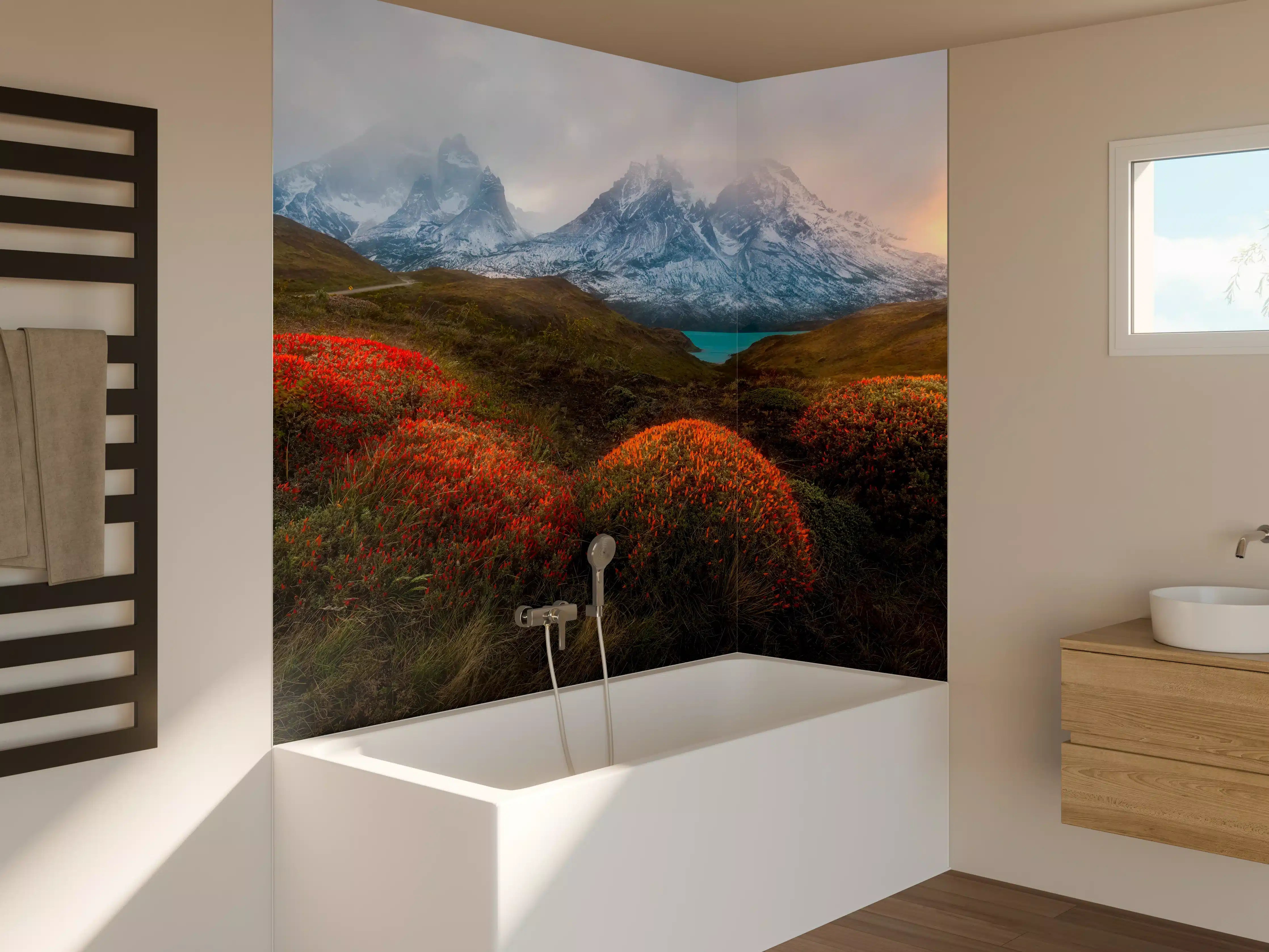 Badewannen-Rückwand - Patagonia Bergpanorama im Frühling