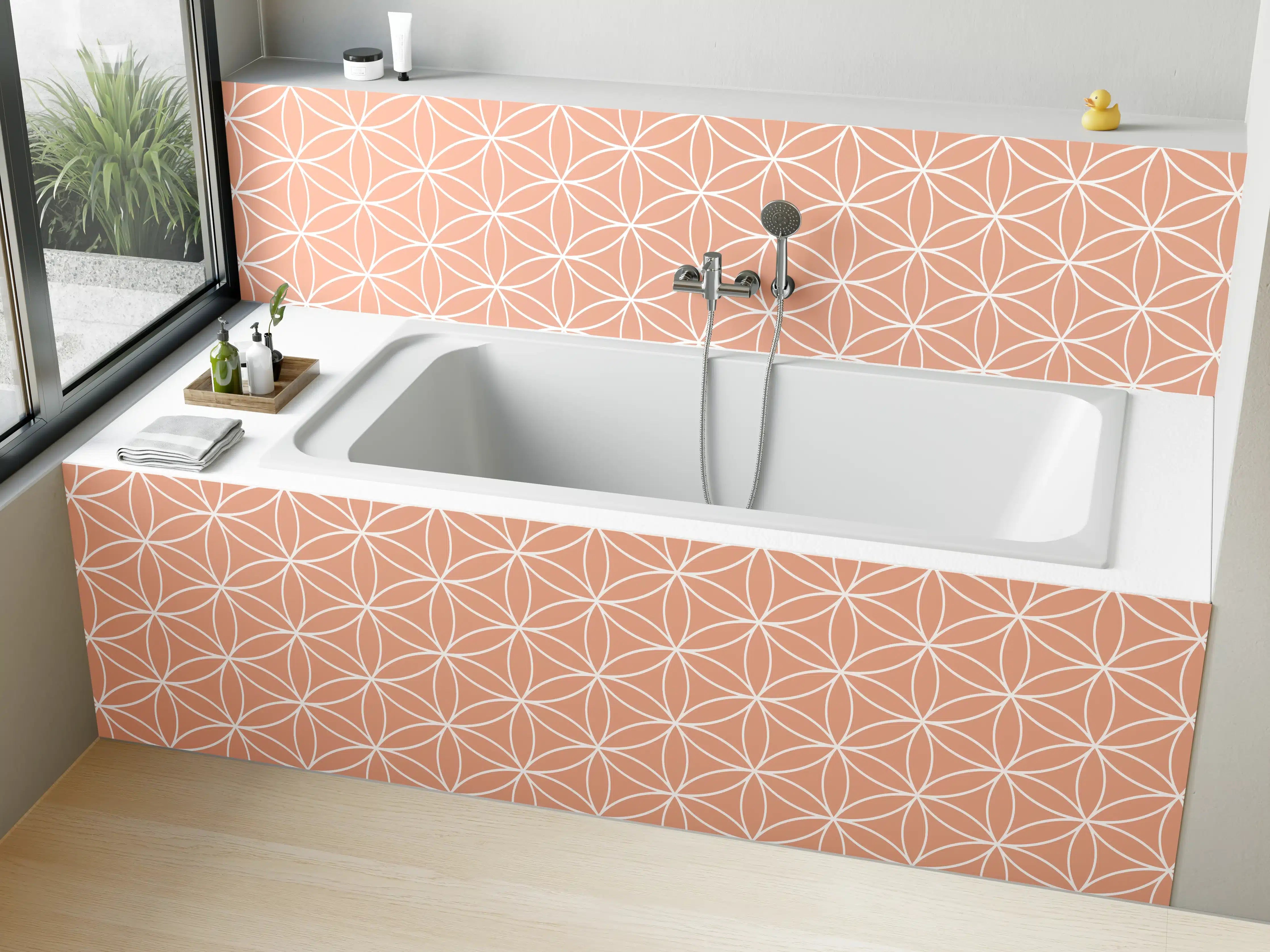 Badewannen-Rückwand - Peachfarbene geometrische Muster mit feinen Linien