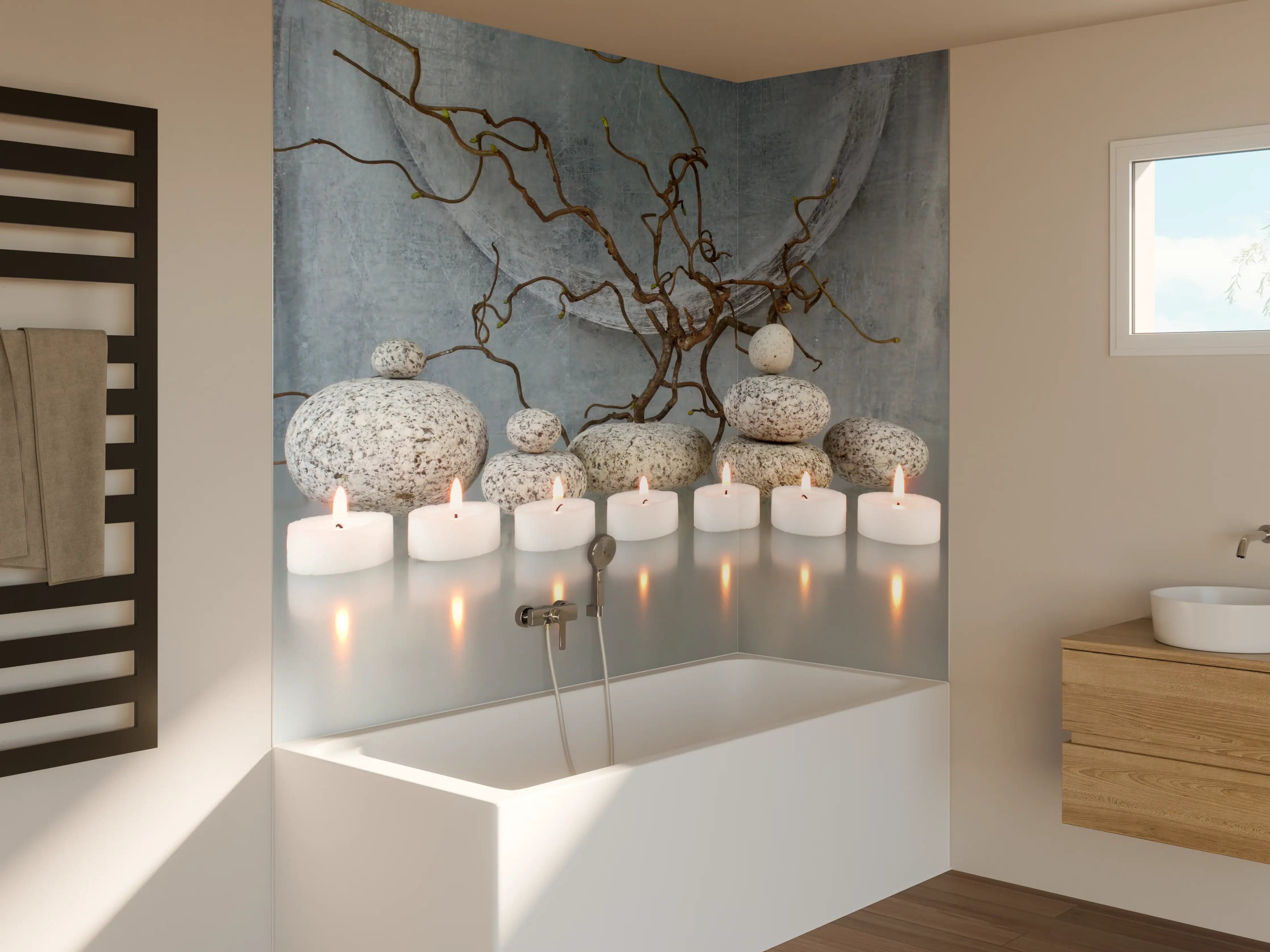 Badewannen-Rückwand - Peppiges, warmlichtiges Kerzenarrangement mit Naturdekoration