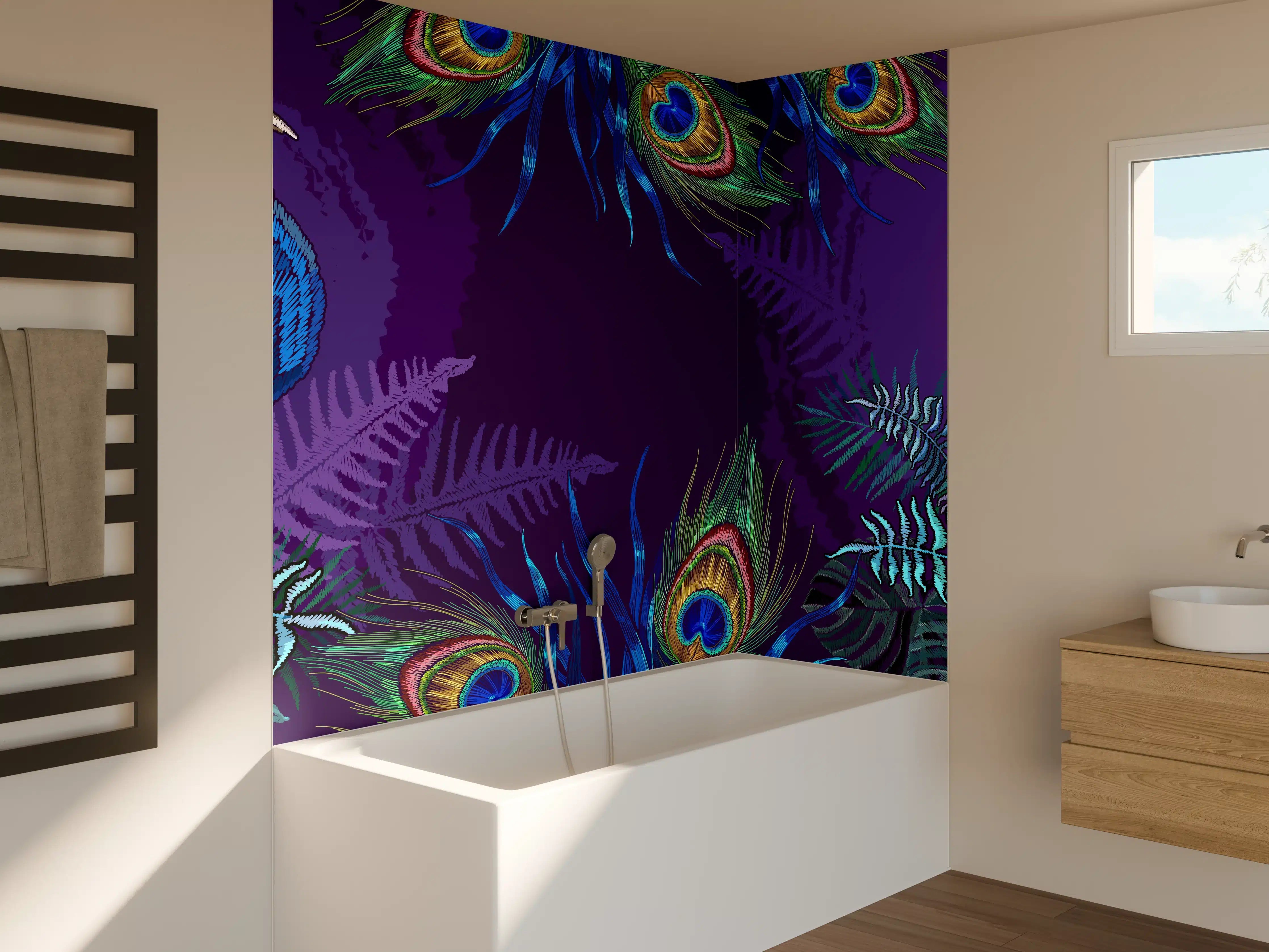 Badewannen-Rückwand - Pfauen Stickerei Kunst