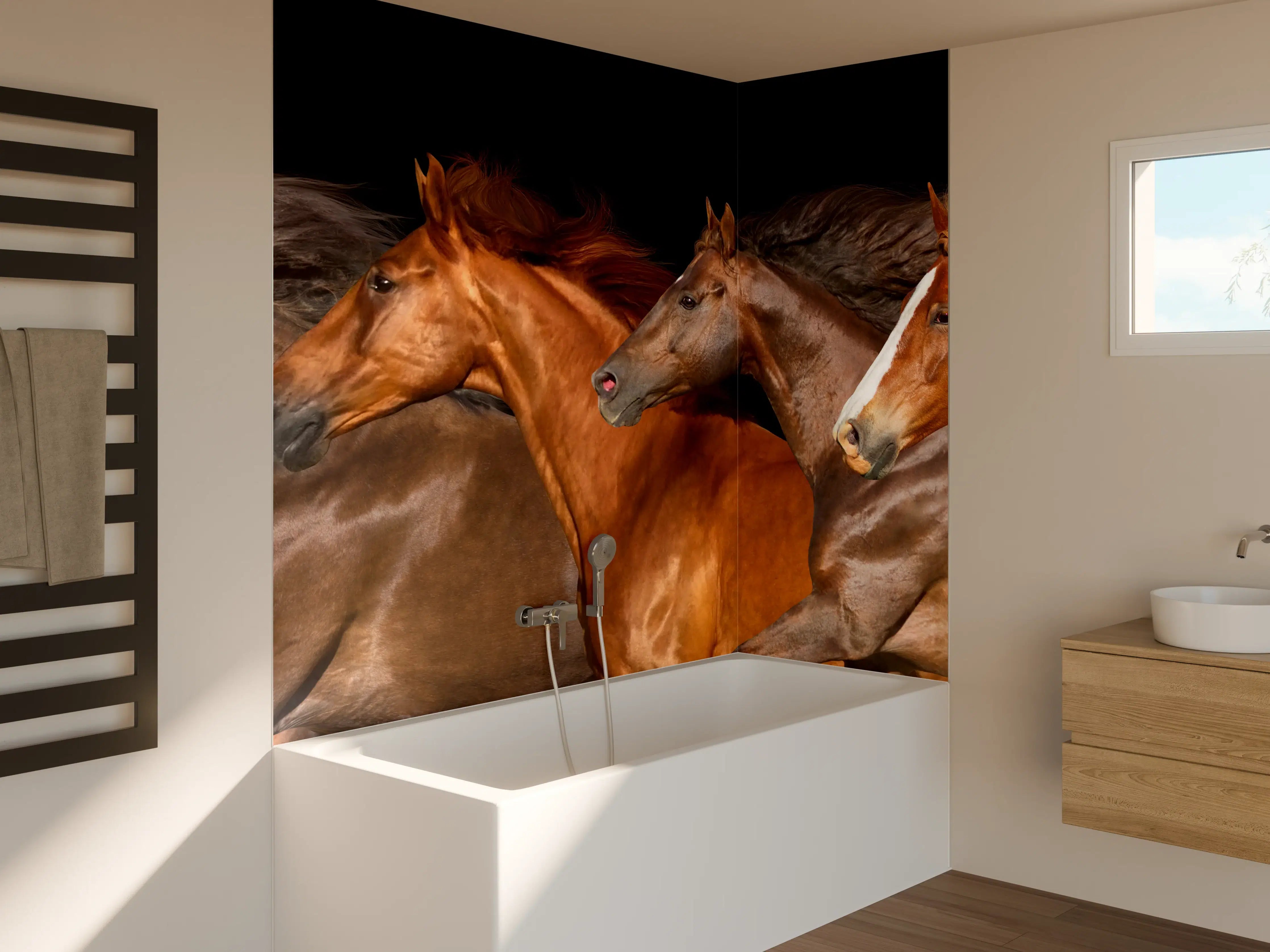 Badewannen-Rückwand - Pferdeherde Schwarz Hintergrund