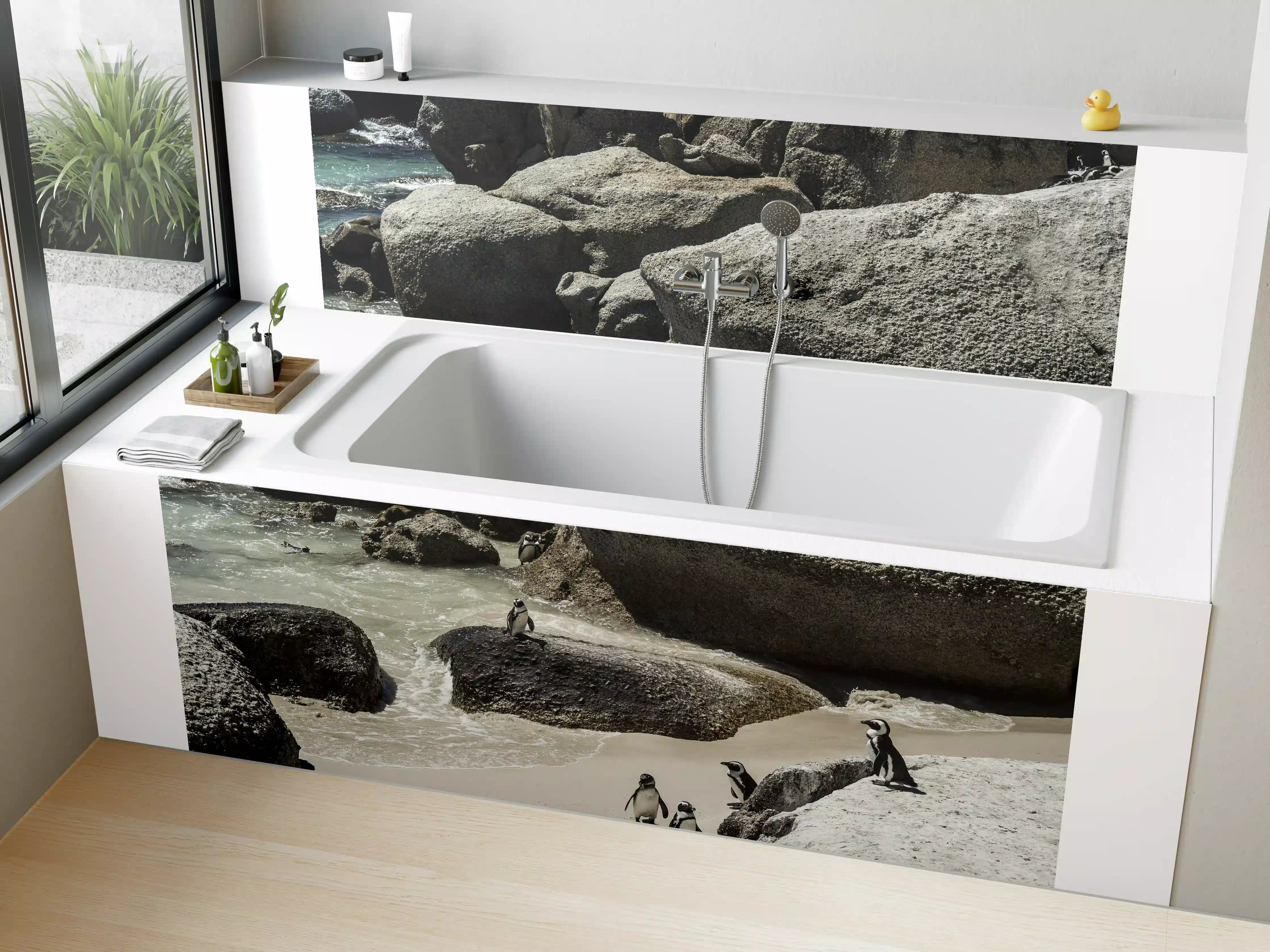 Badewannen-Rückwand - Pinguine an Felsküste