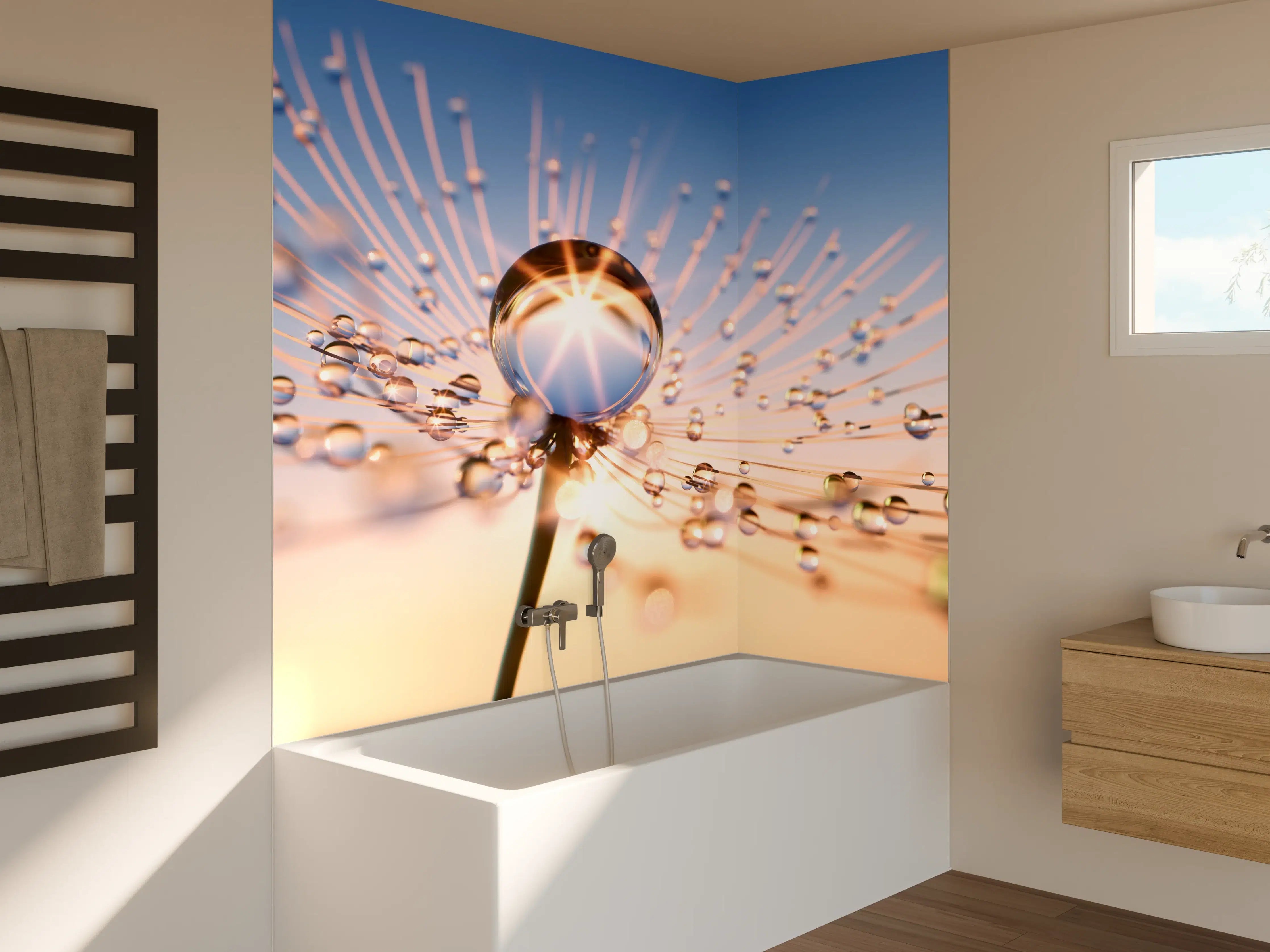 Badewannen-Rückwand - Pusteblume in Nahaufnahme mit Tautropfen