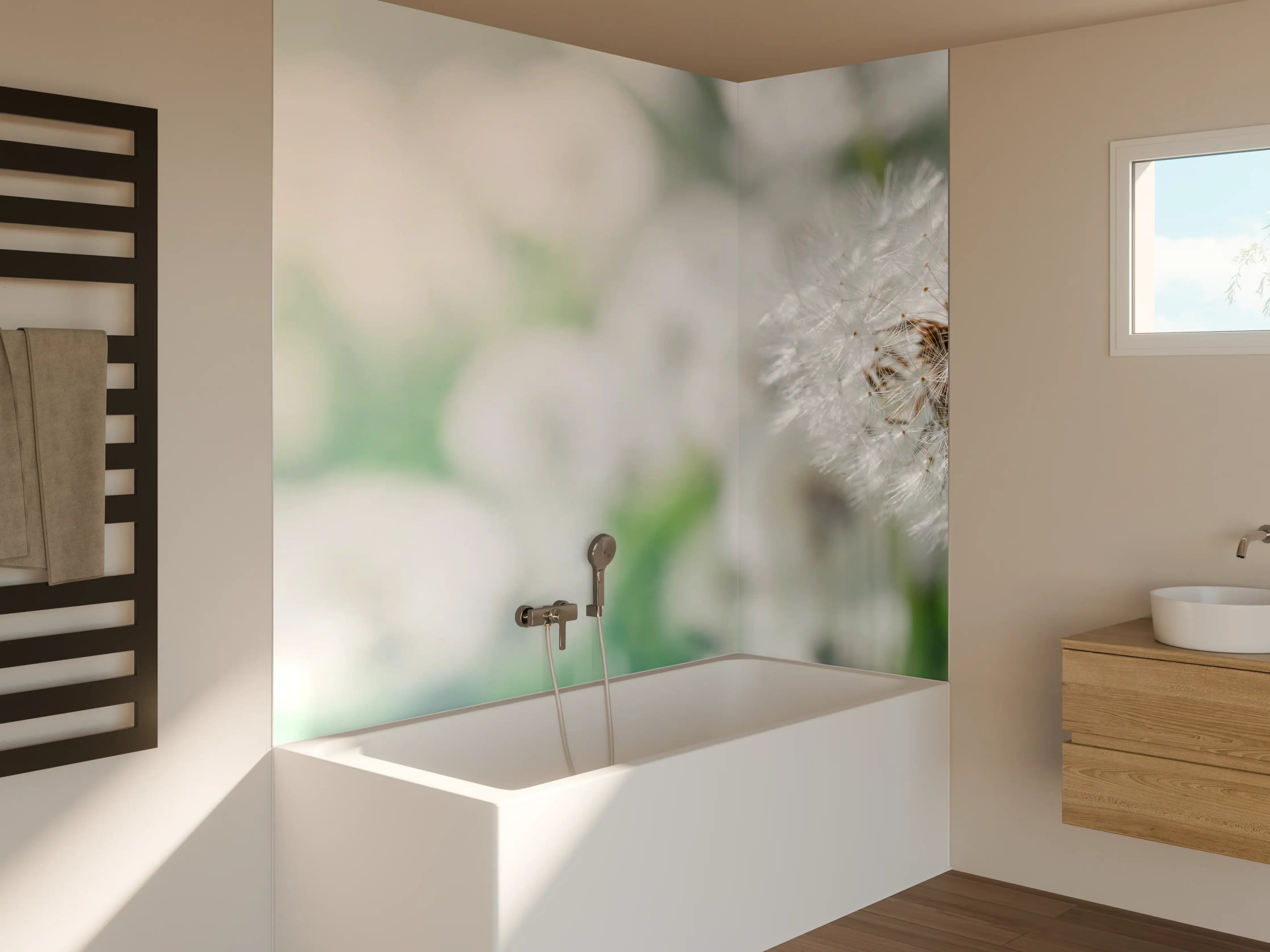 Badewannen-Rückwand - Pusteblume in Türkis-Weiß