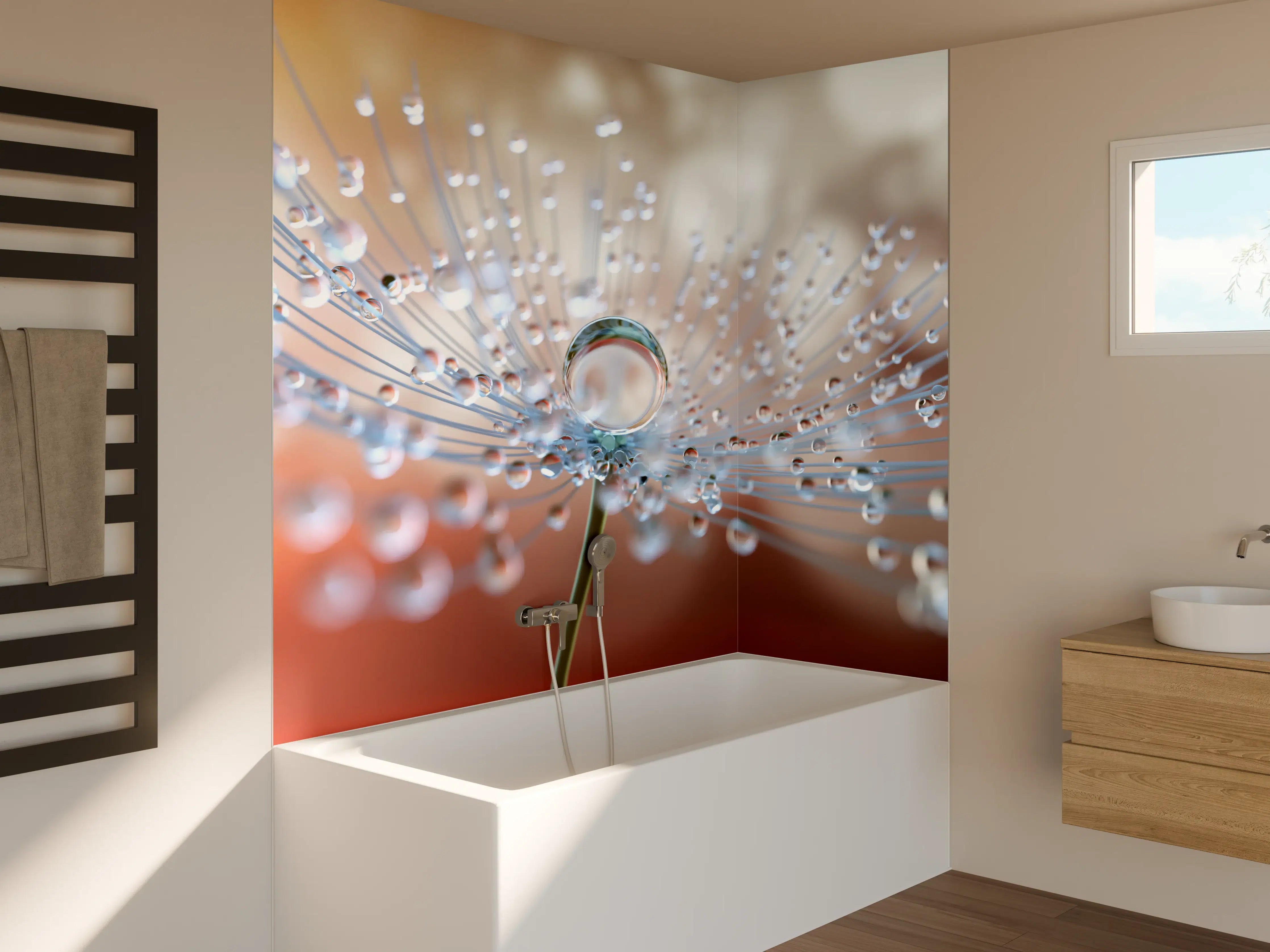 Badewannen-Rückwand - Pusteblume mit Tautropfen bei Abendlicht