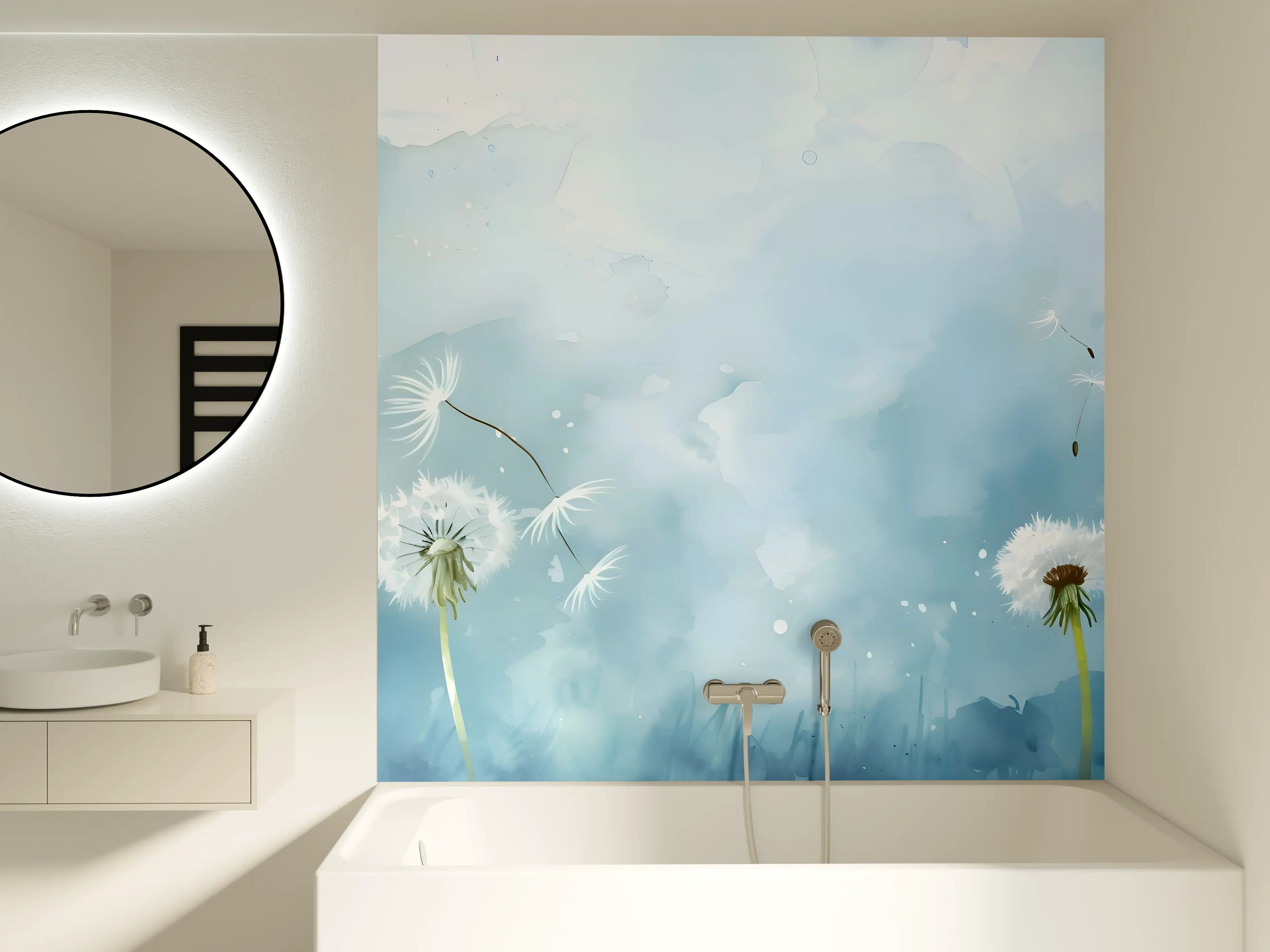 Badewannen-Rückwand - Pusteblumen Aquarell Blau-Weiß