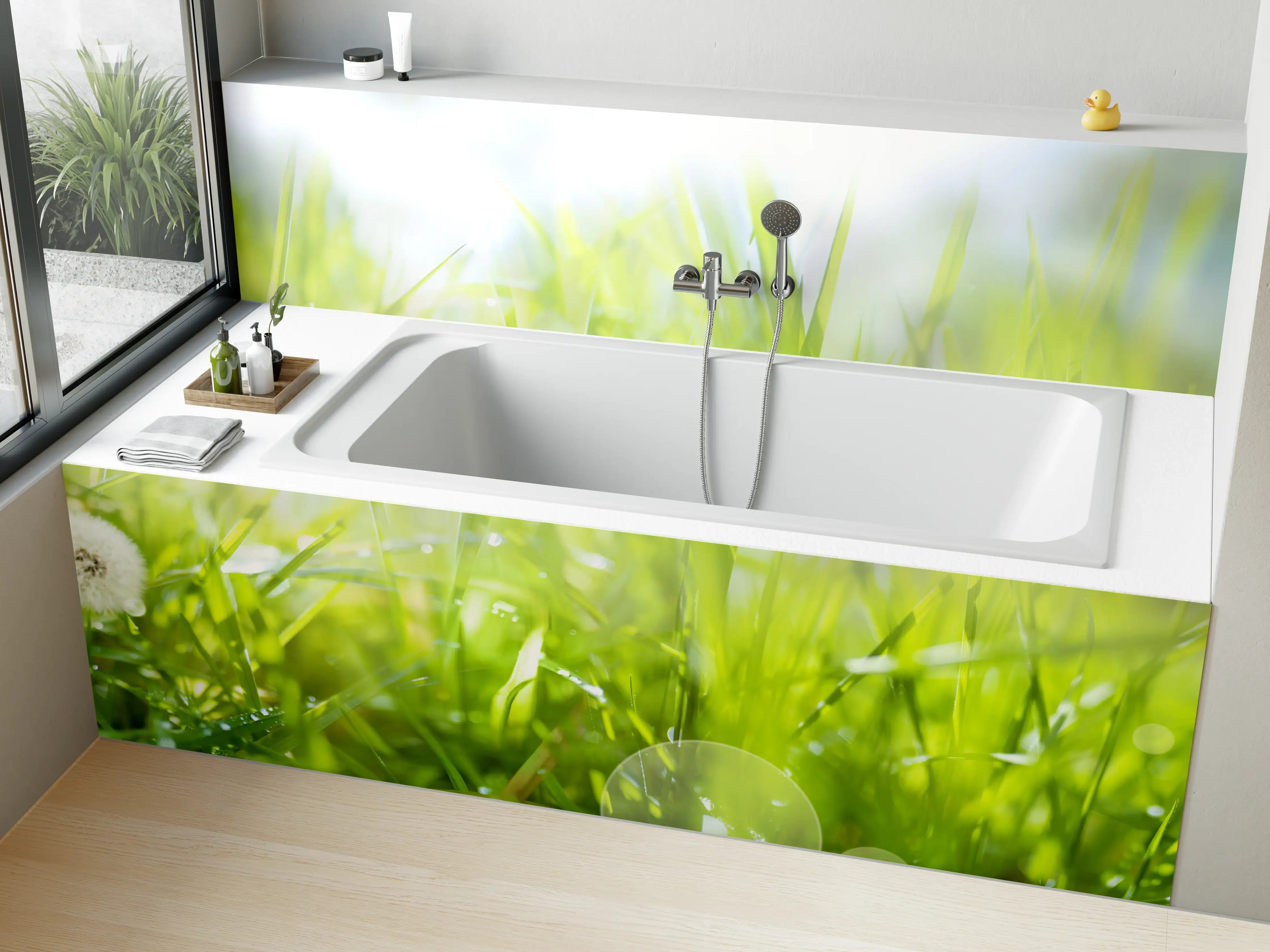 Badewannen-Rückwand - Pusteblumen auf grüner Wiese