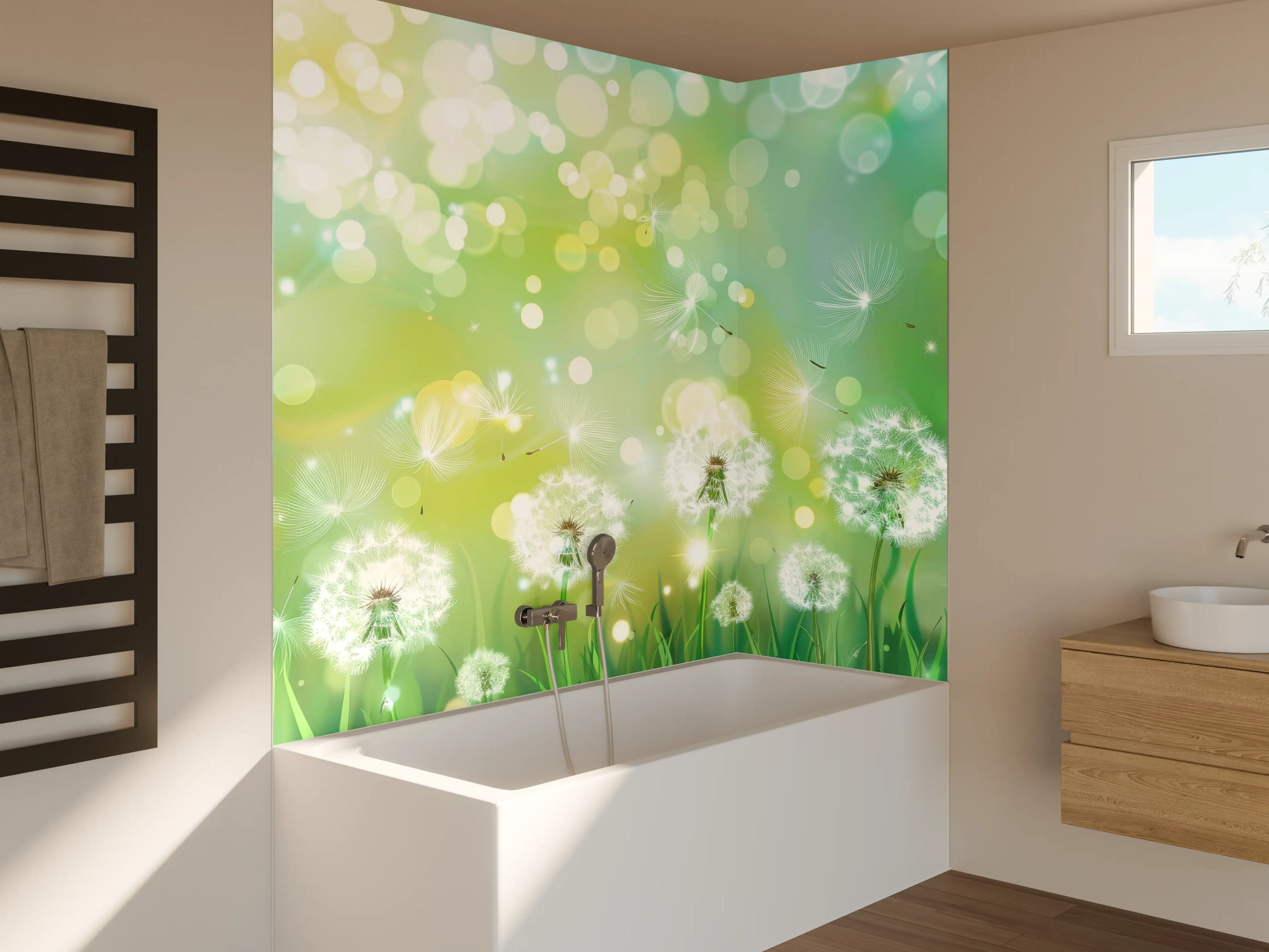 Badewannen-Rückwand - Pusteblumen im Frühlingsgrün