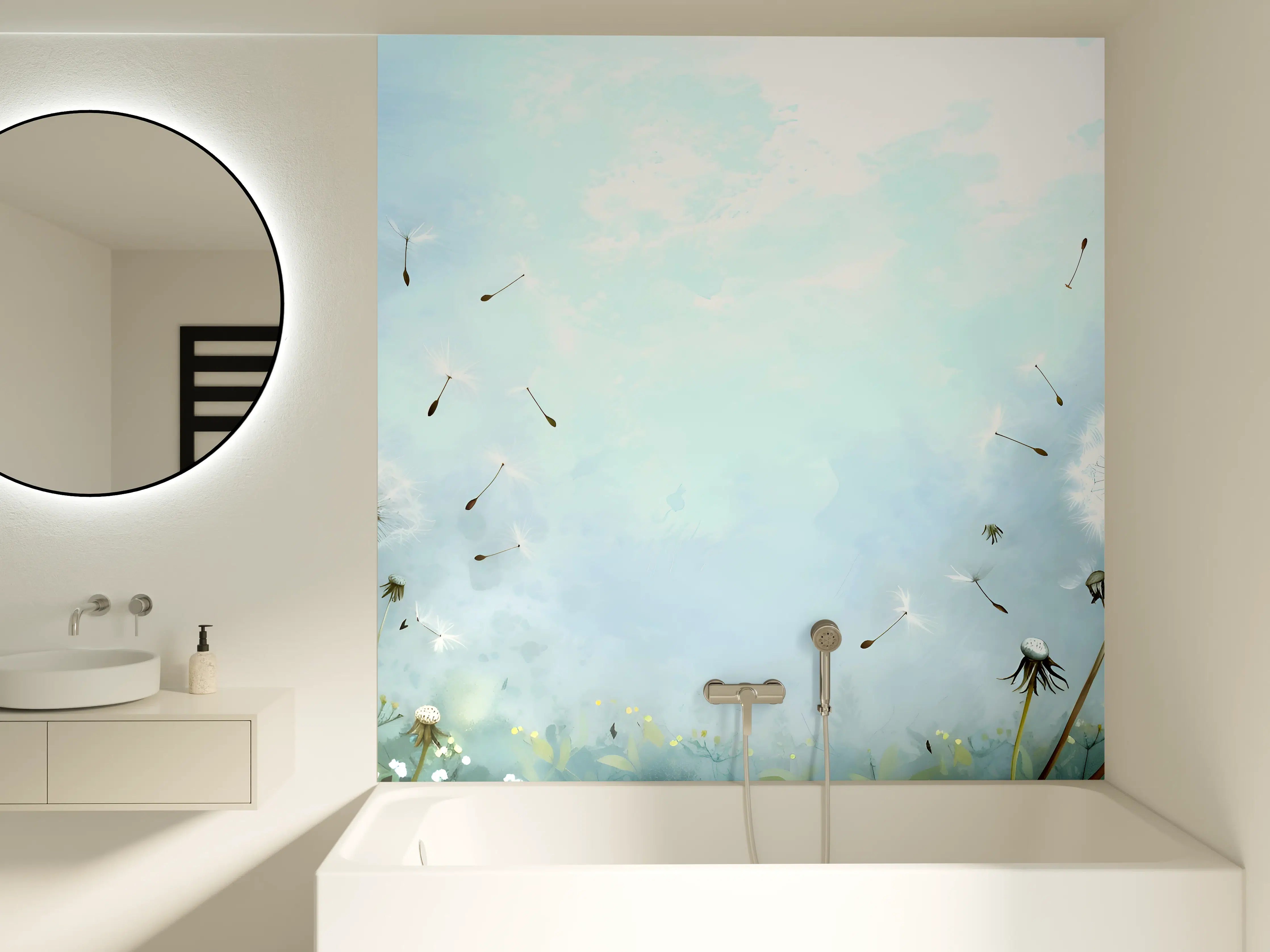Badewannen-Rückwand - Pusteblumen im blauen Himmel