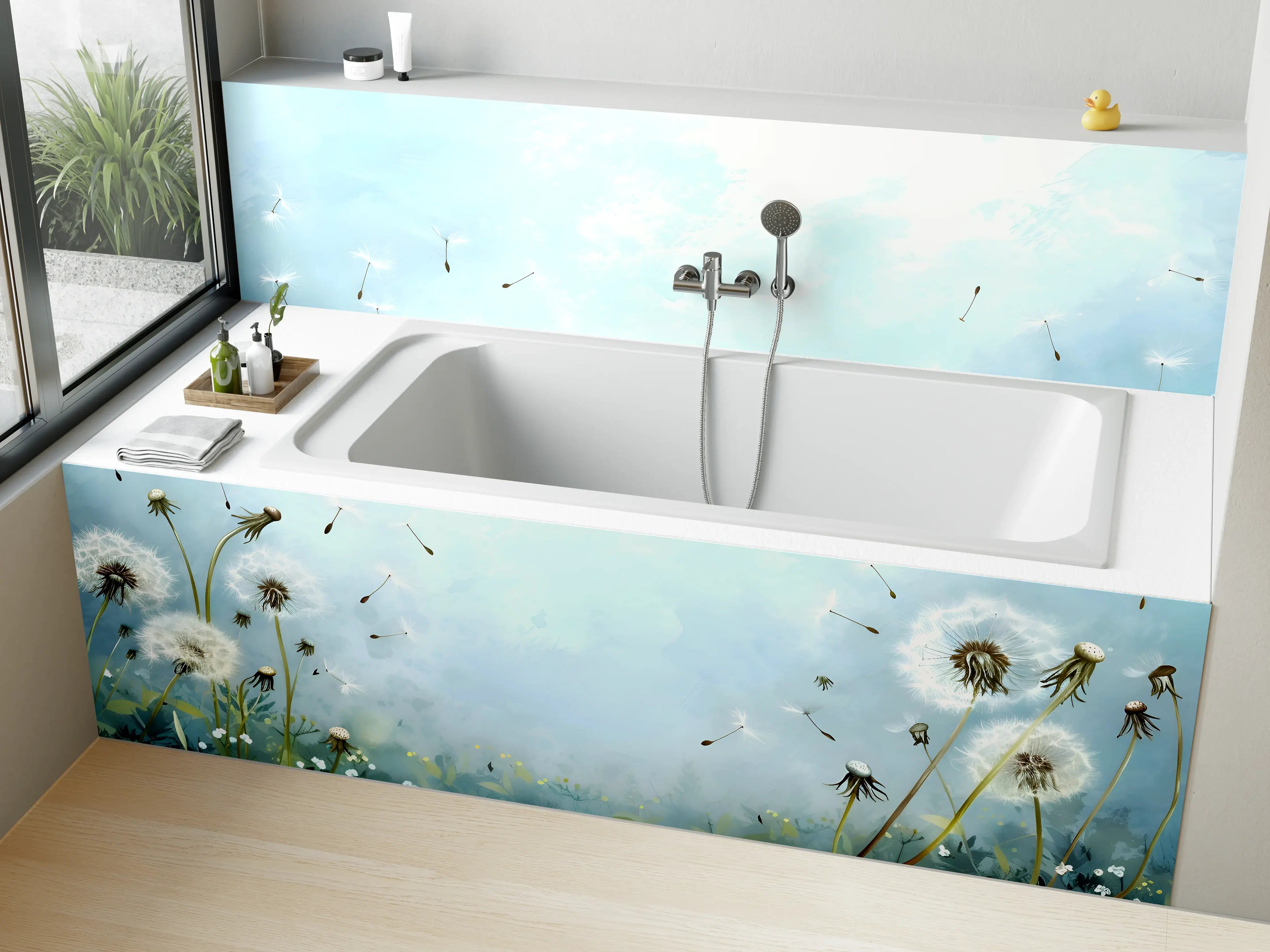 Badewannen-Rückwand - Pusteblumen im blauen Himmel