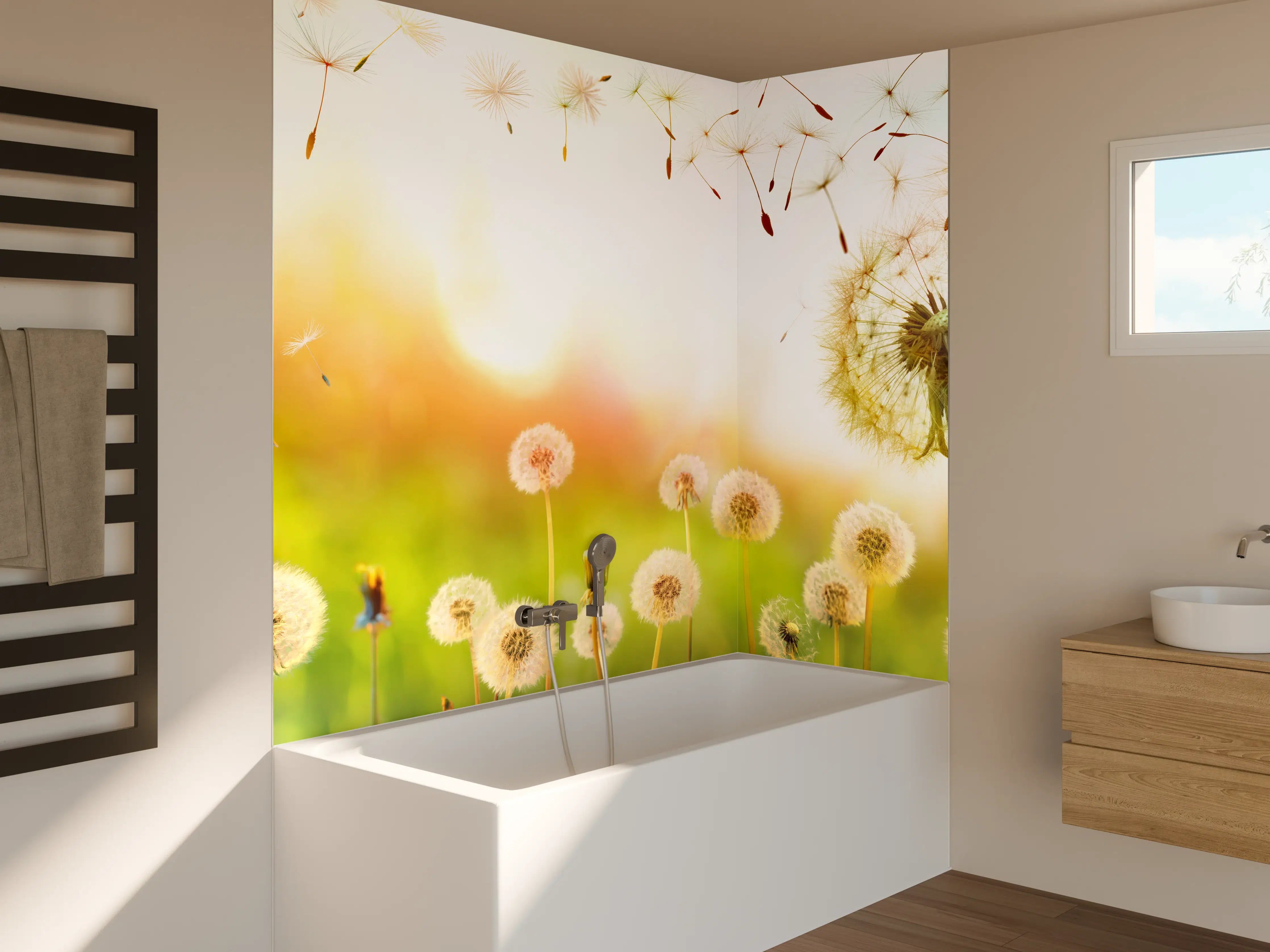 Badewannen-Rückwand - Pusteblumen im goldenen Licht