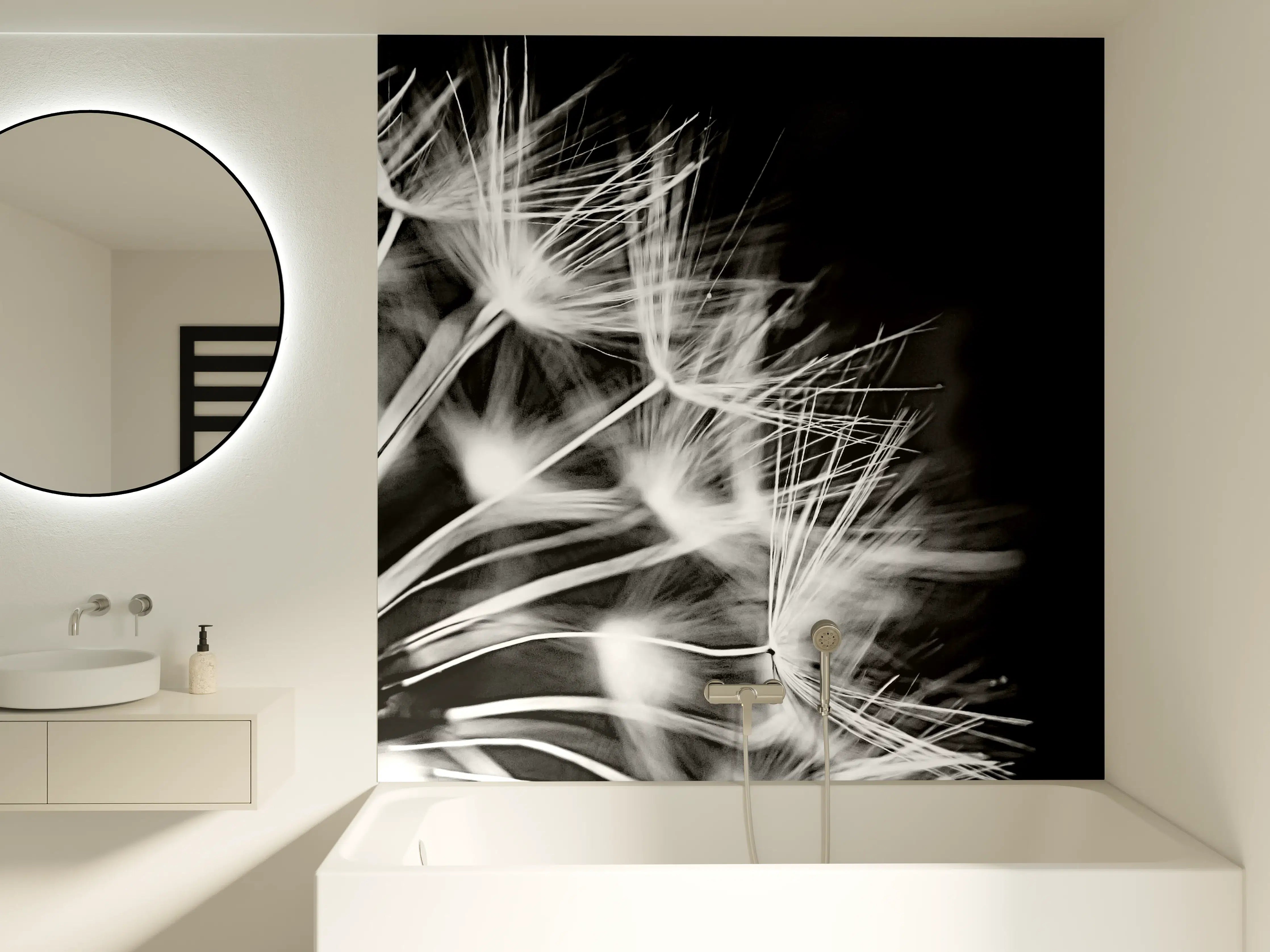 Badewannen-Rückwand - Pusteblumen schwarz-weiß Hintergrund