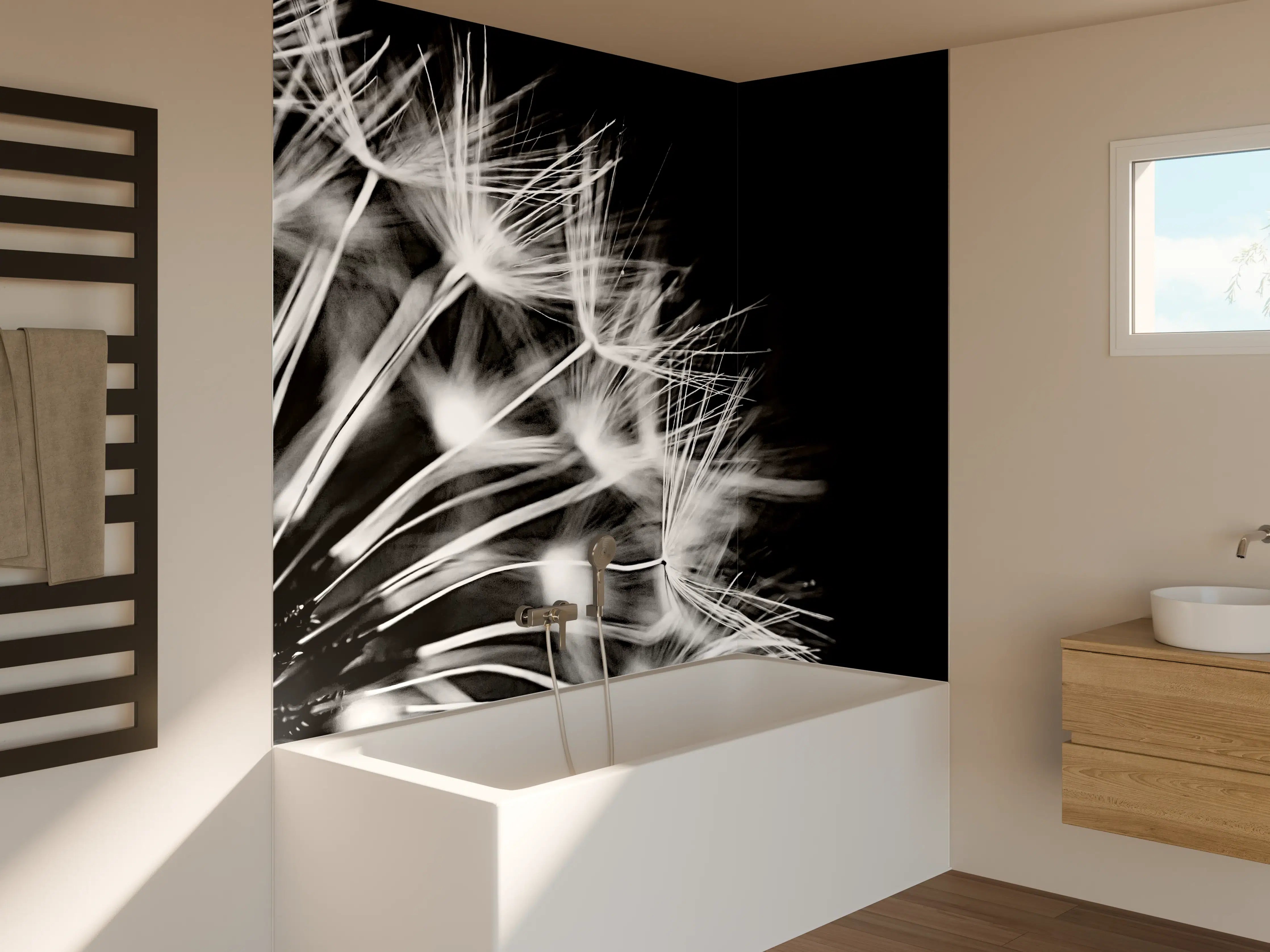 Badewannen-Rückwand - Pusteblumen schwarz-weiß Hintergrund