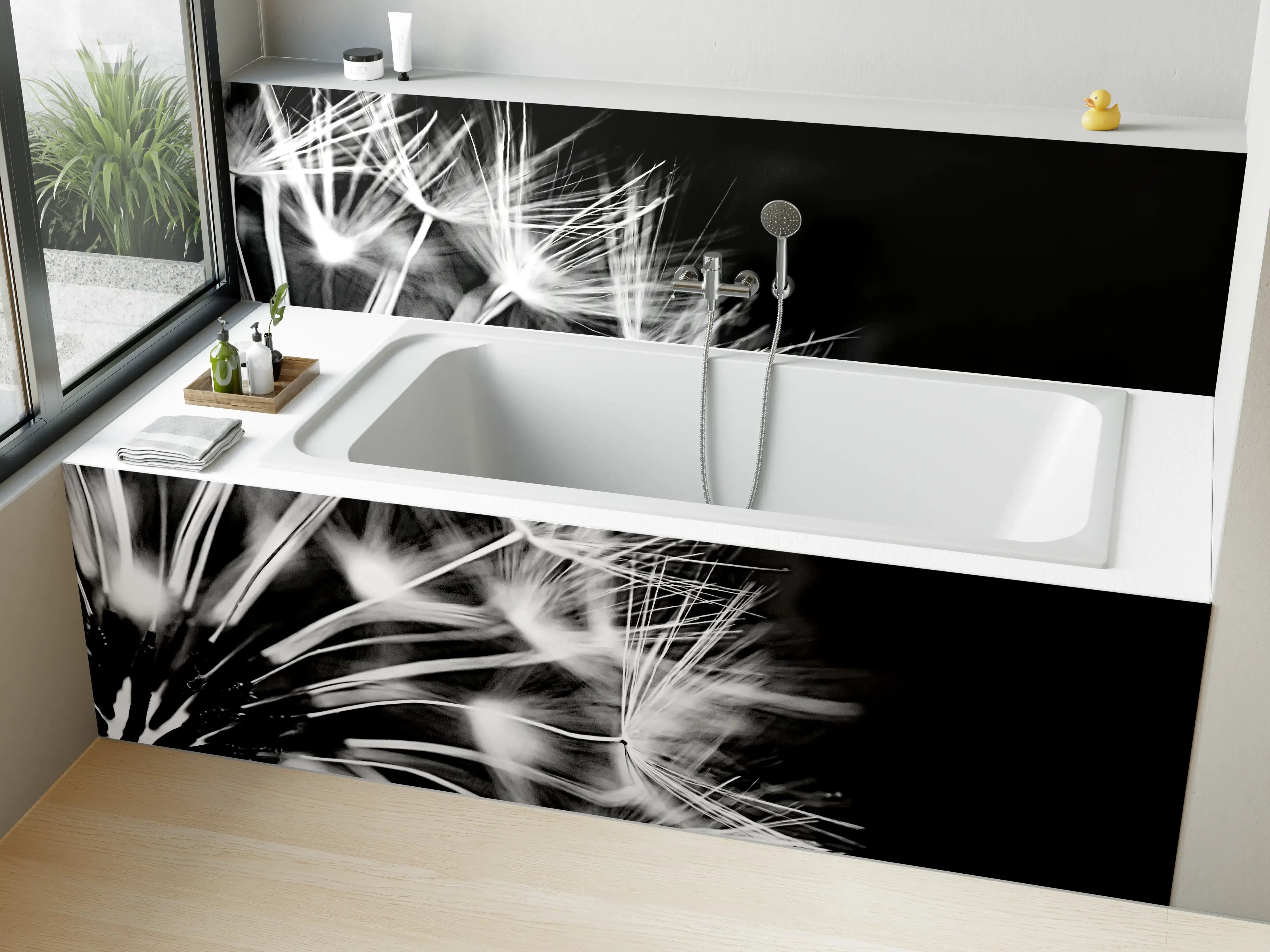 Badewannen-Rückwand - Pusteblumen schwarz-weiß Hintergrund
