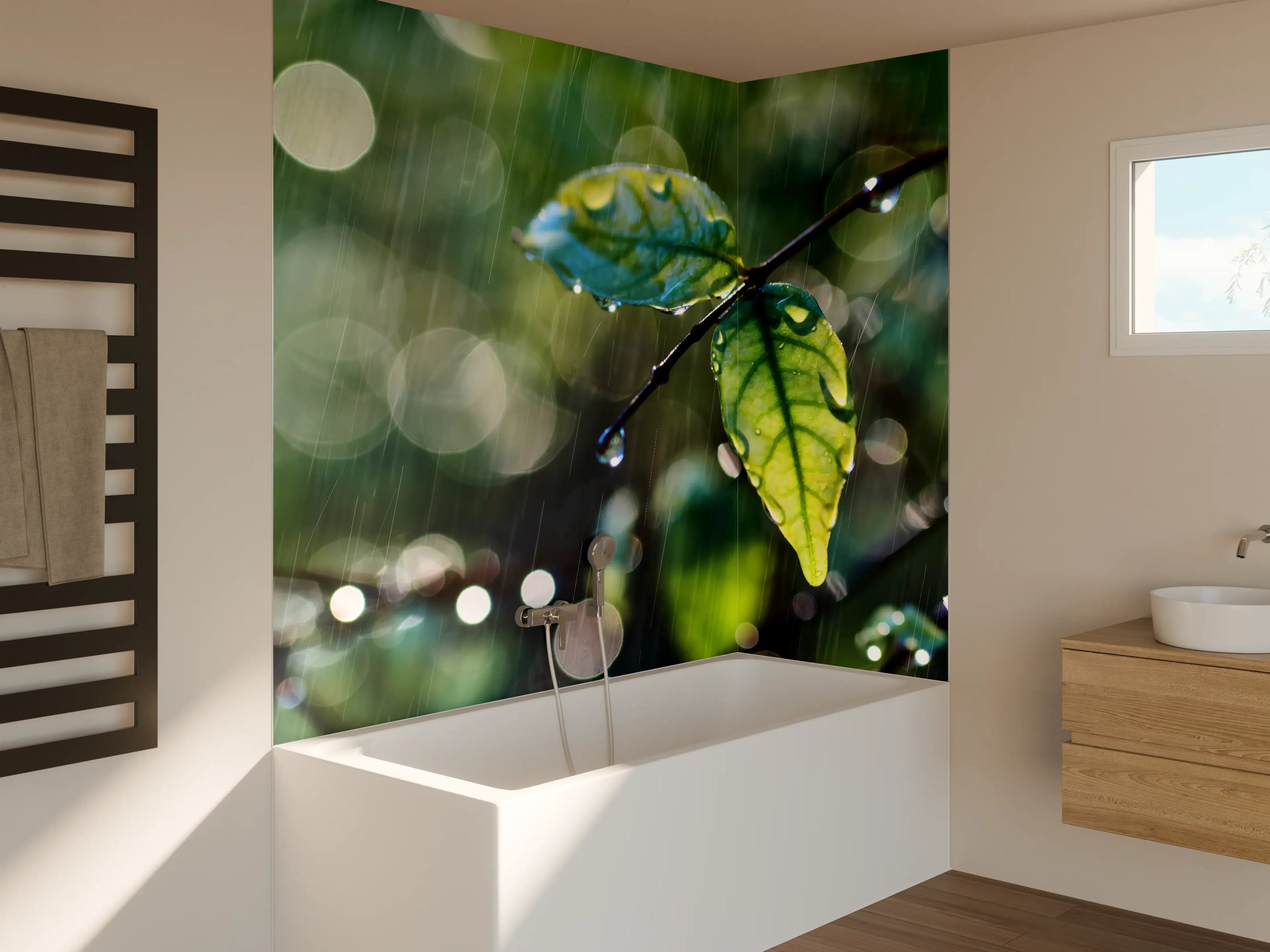 Badewannen-Rückwand - Regentropfen auf Blatt