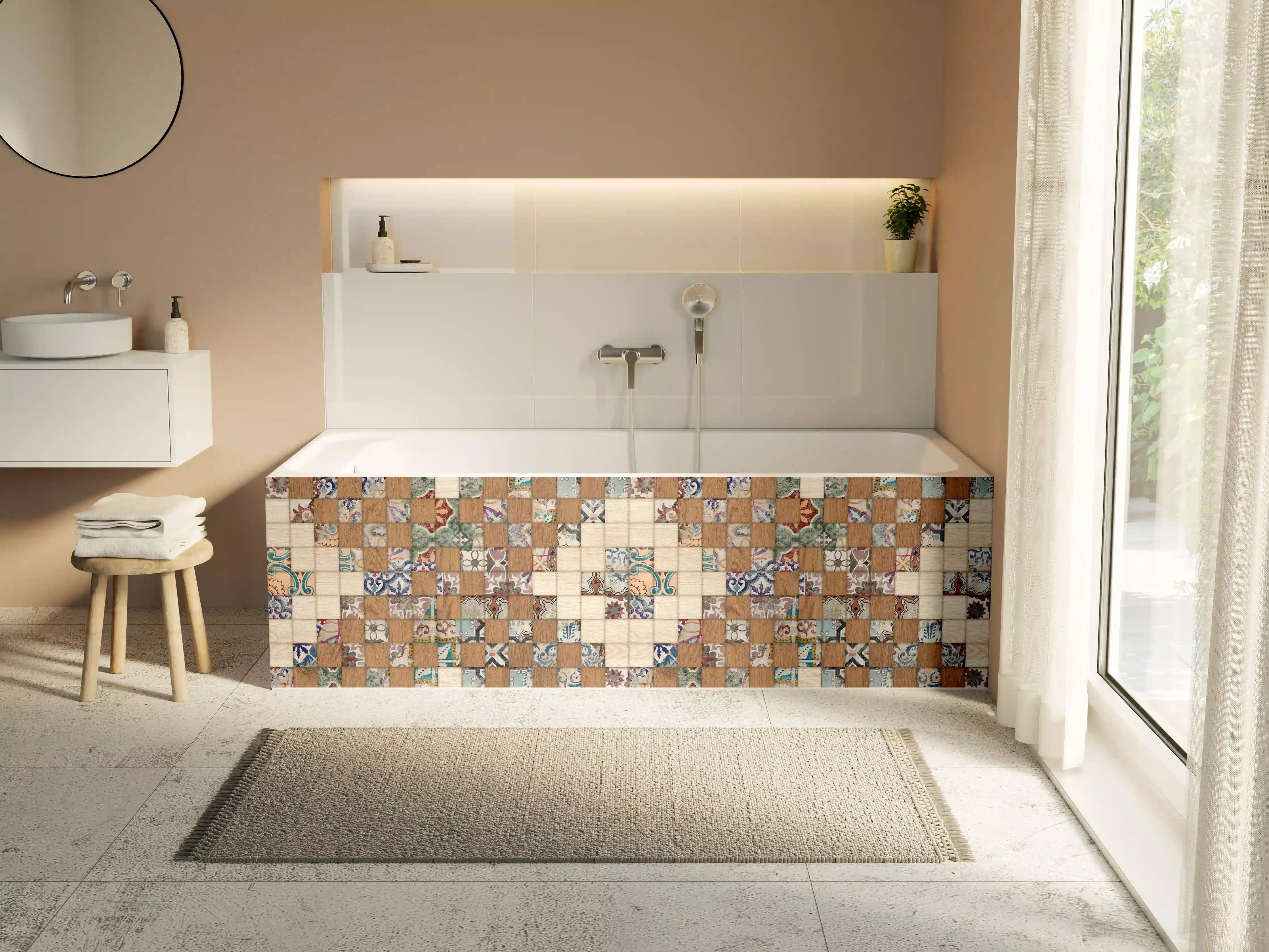 Badewannen-Rückwand - Retro Mosaik Holztextur