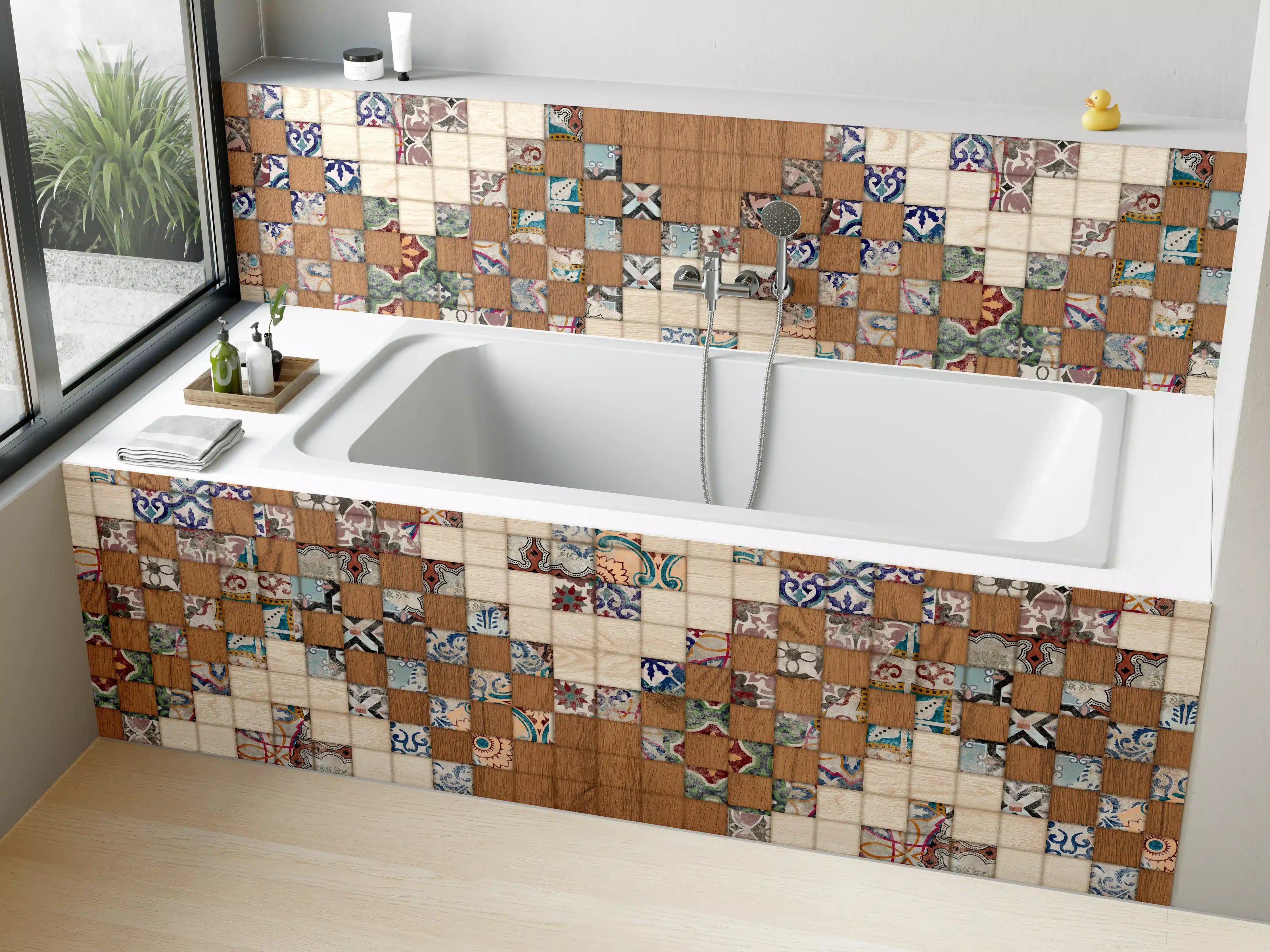 Badewannen-Rückwand - Retro Mosaik Holztextur