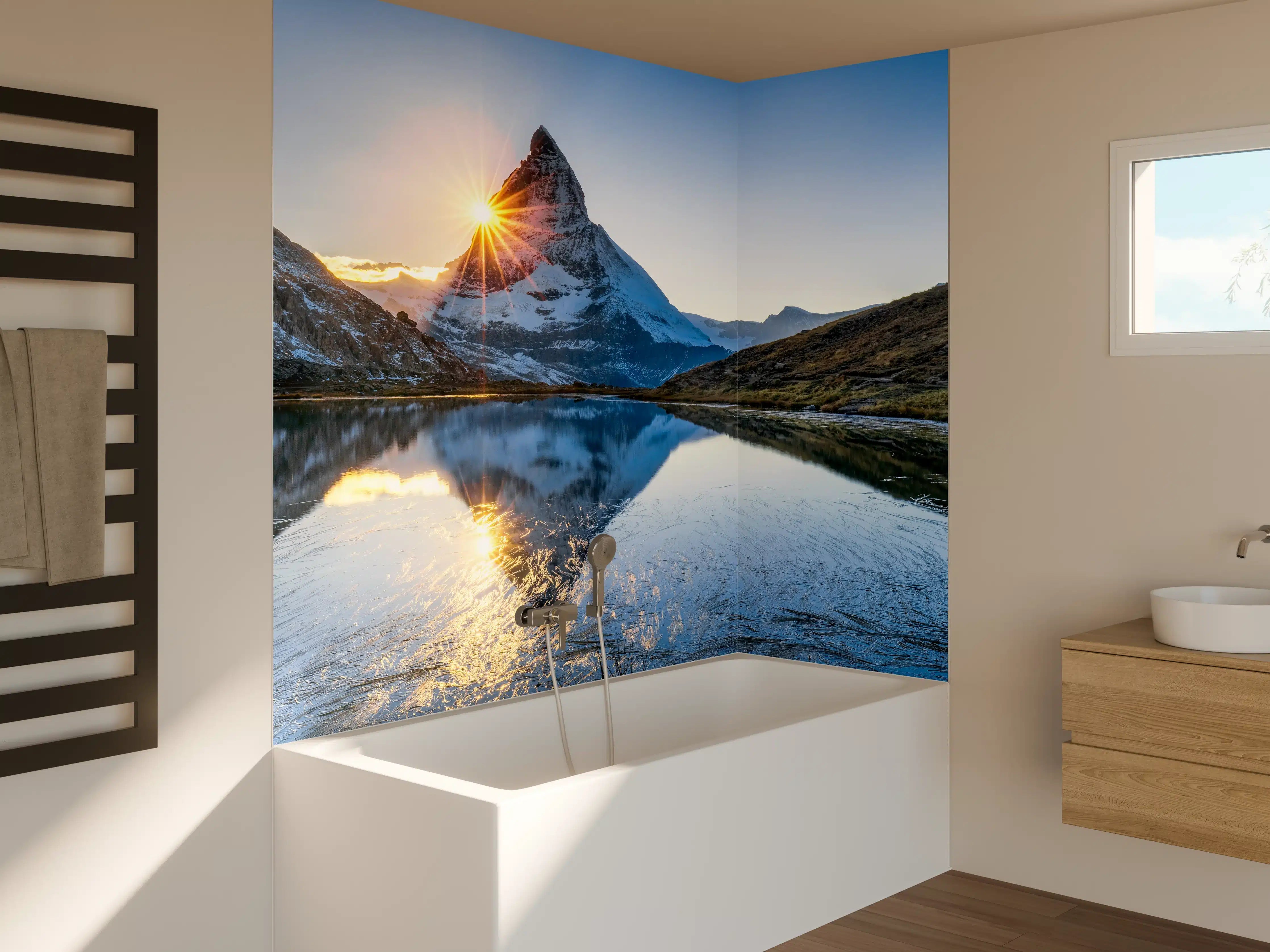 Badewannen-Rückwand - Riffelsee und Matterhorn in den Alpen