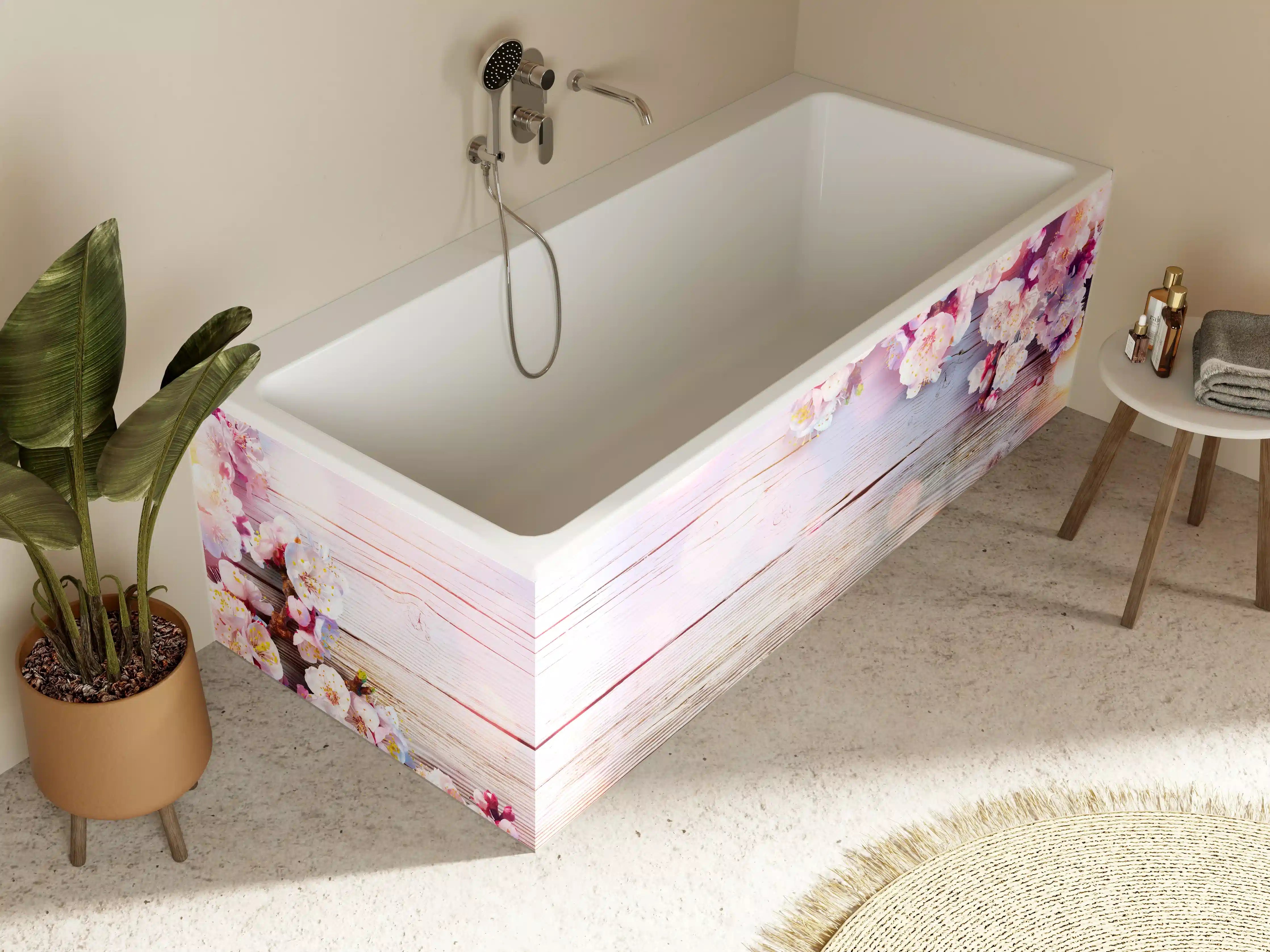 Badewannen-Rückwand - Rosa Blüten auf Holzplatte