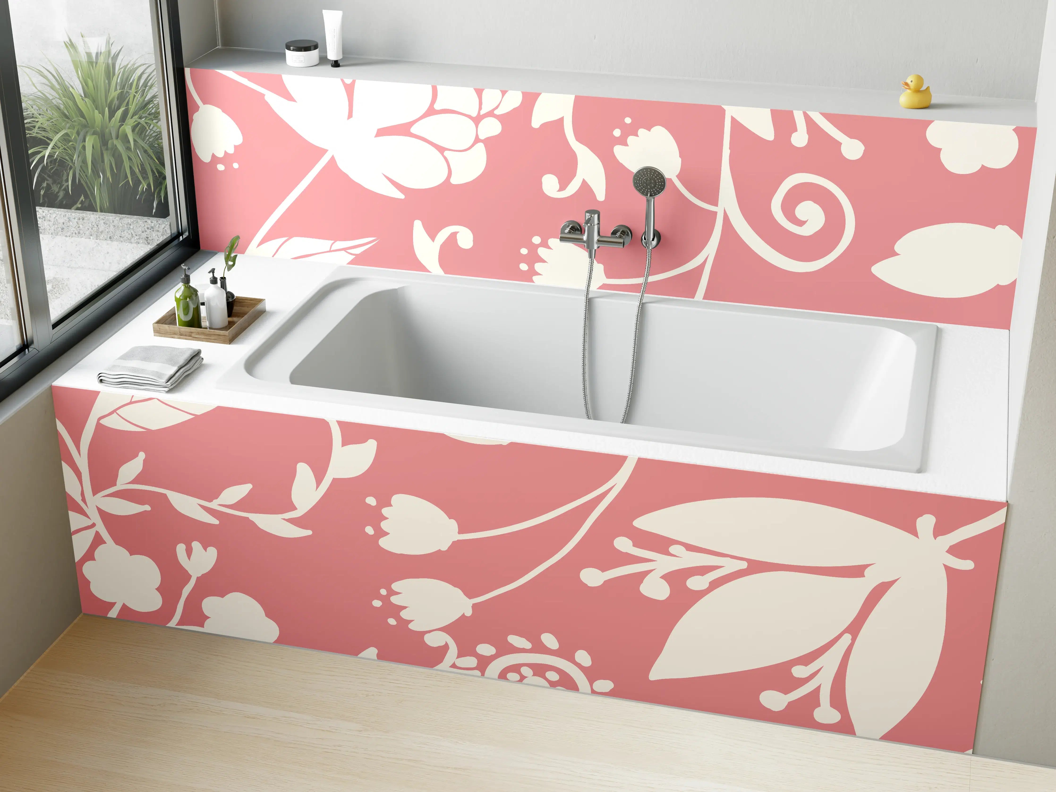 Badewannen-Rückwand - Rosa Blütenmuster Wanddesign