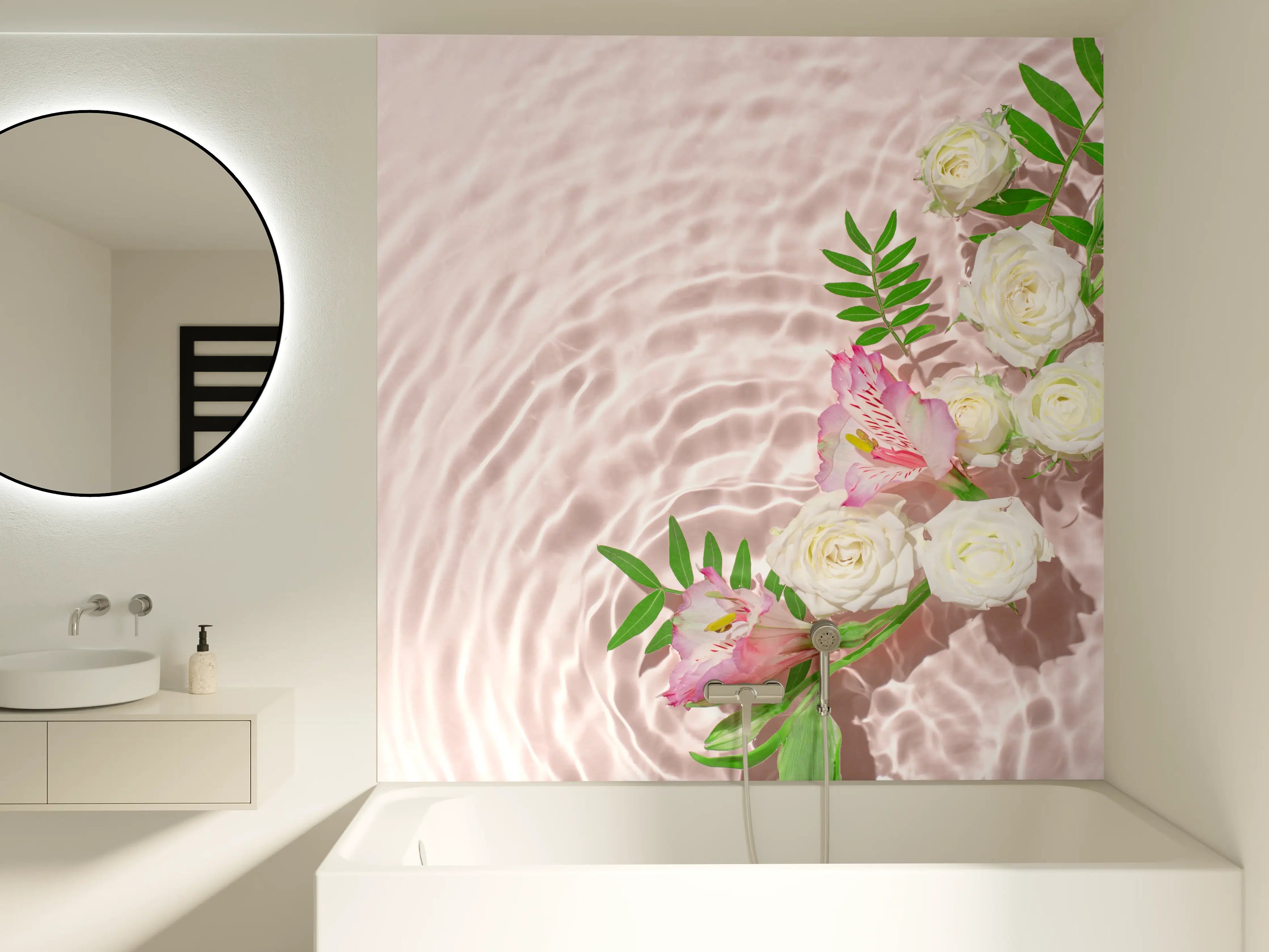 Badewannen-Rückwand - Rosa Blumen auf Wasser
