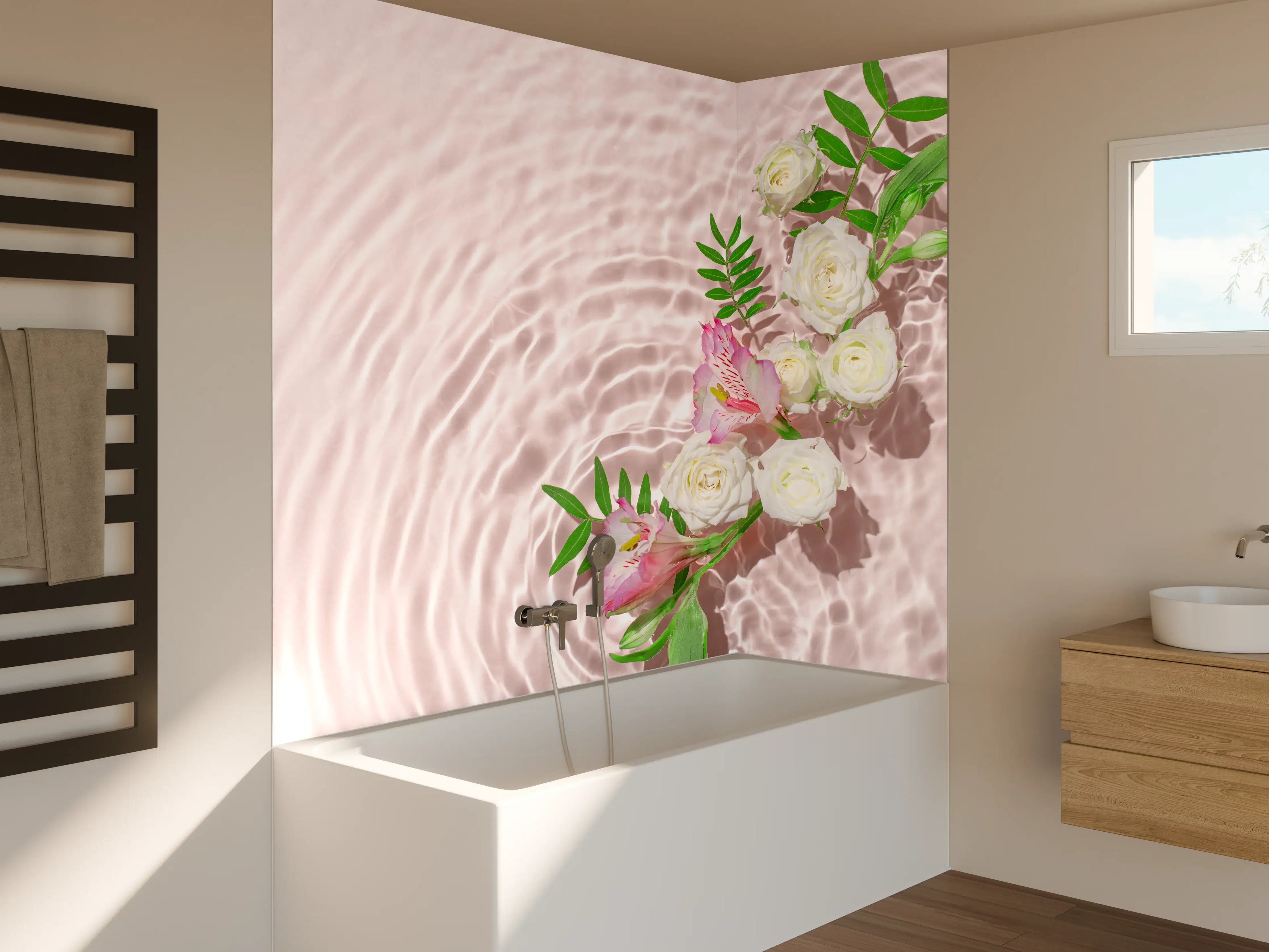 Badewannen-Rückwand - Rosa Blumen auf Wasser