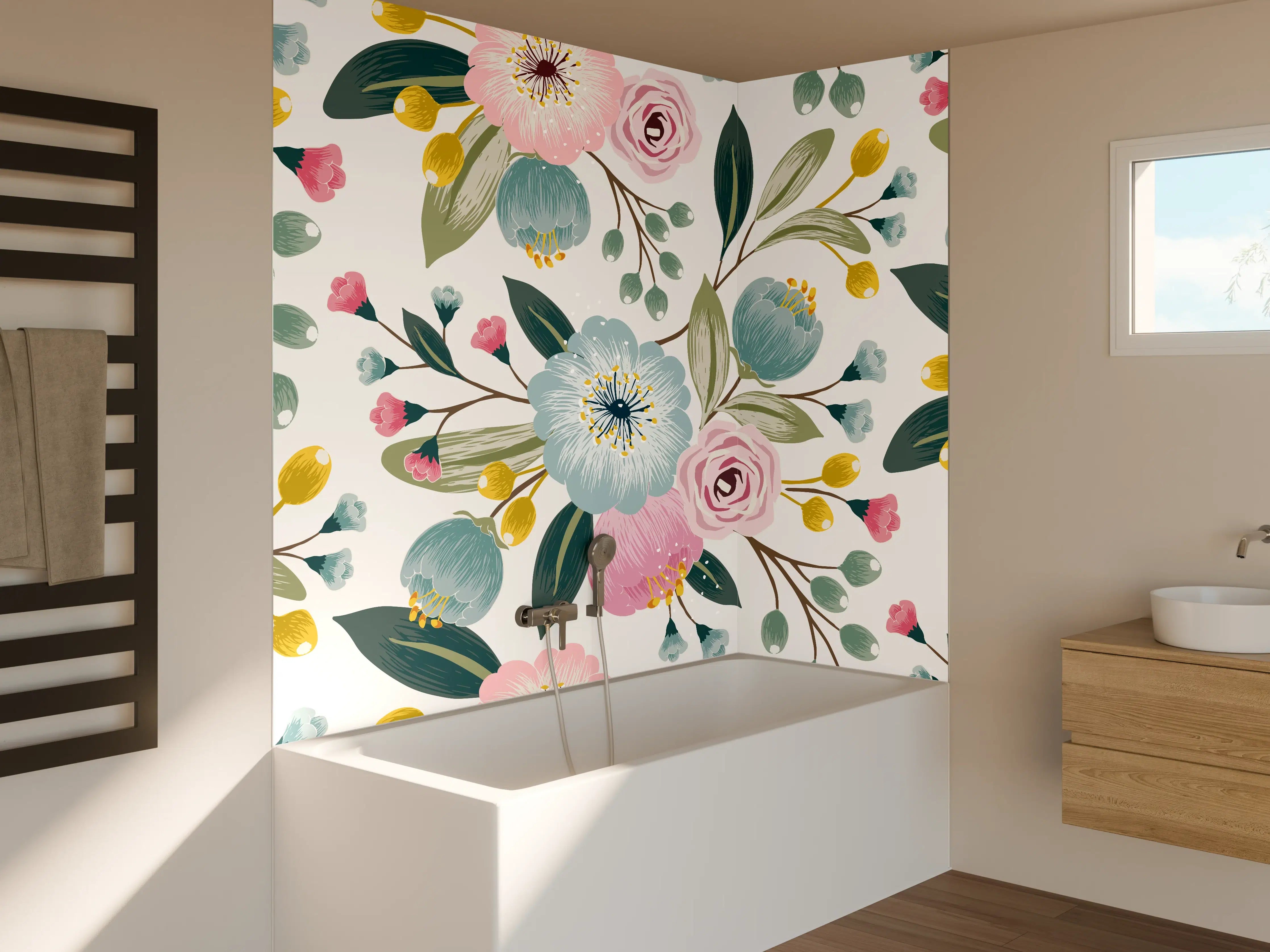 Badewannen-Rückwand - Rosa Blumenmuster Tapete
