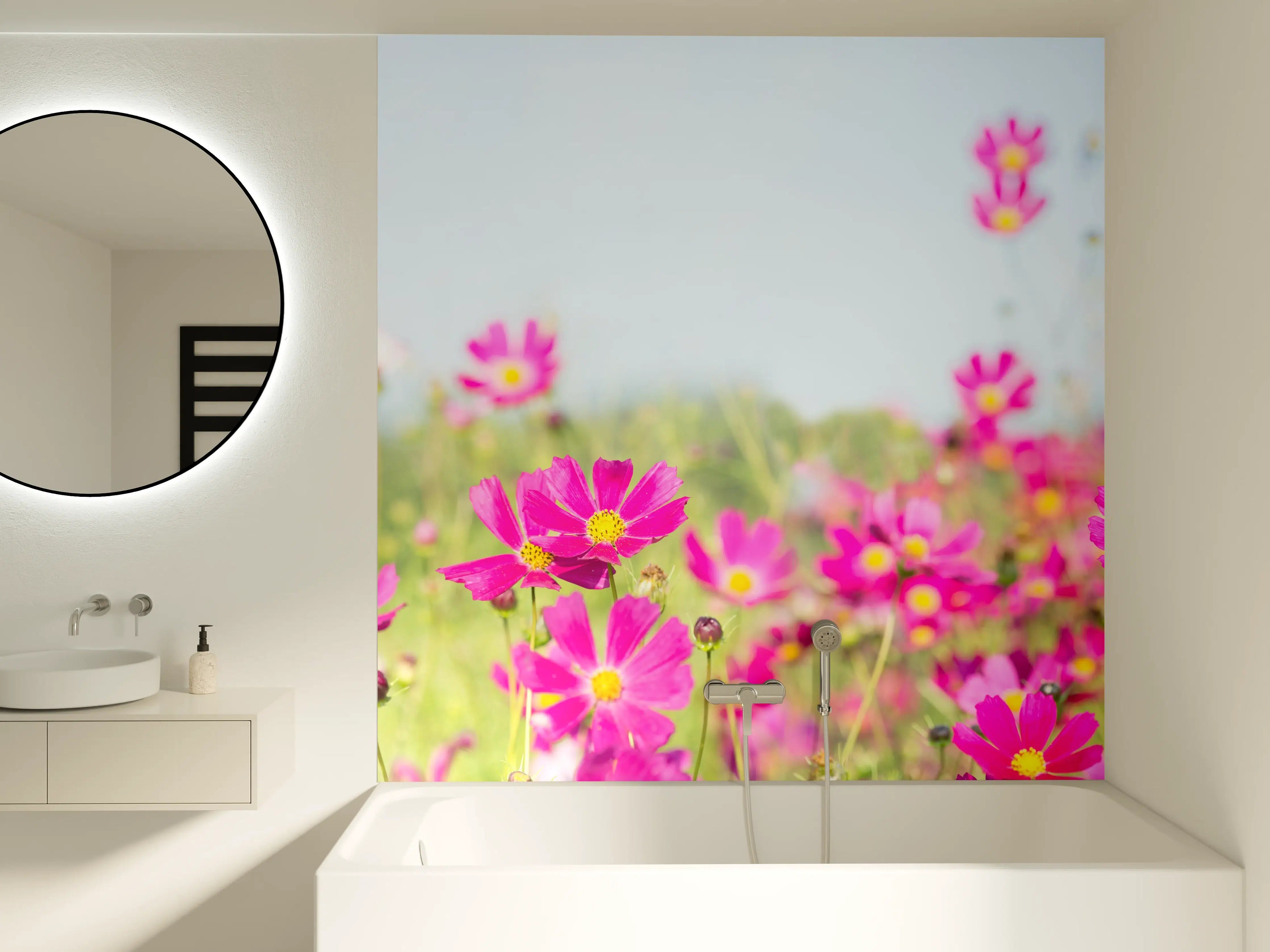 Badewannen-Rückwand - Rosa Blumenwiese Panorama