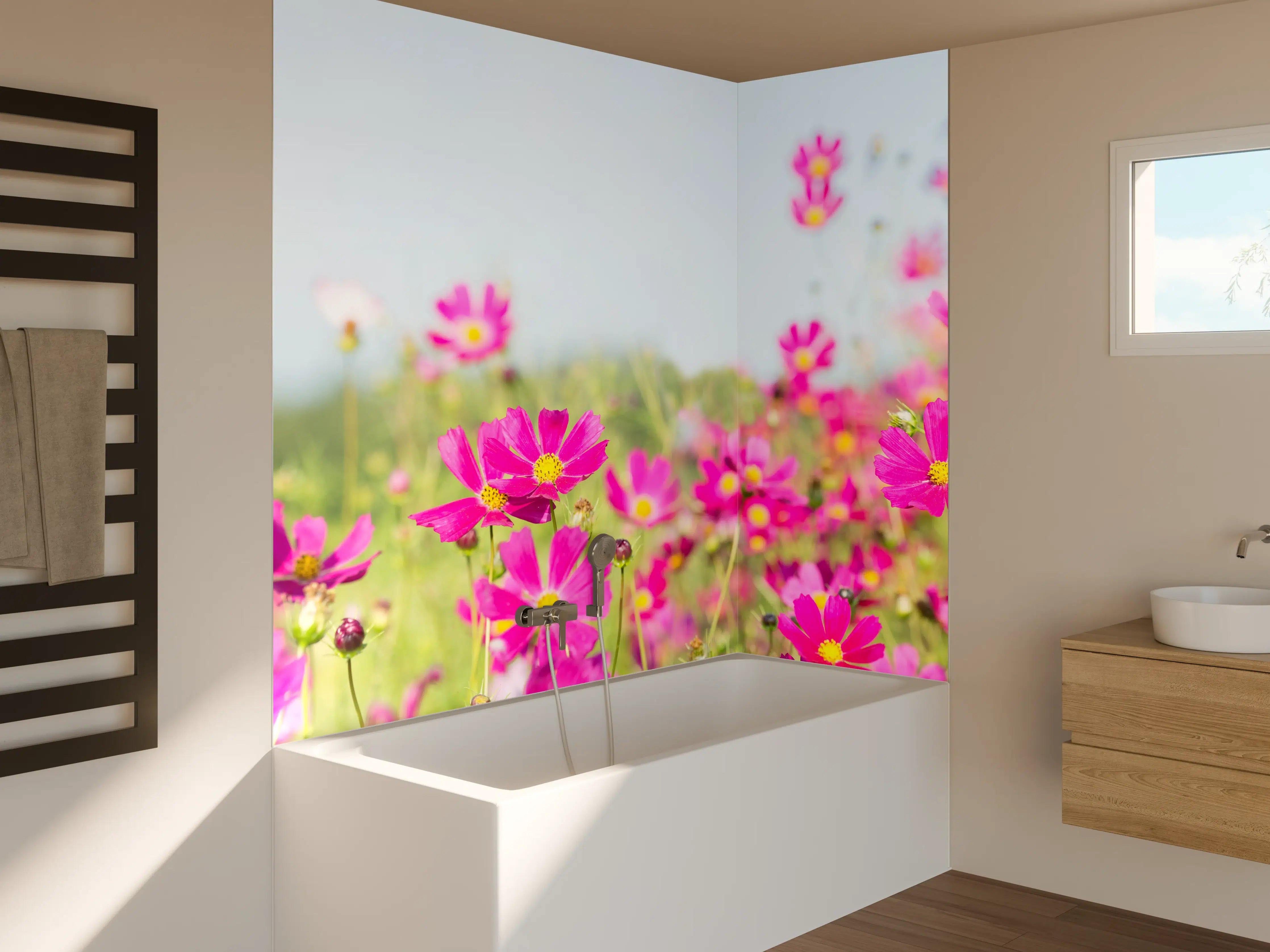Badewannen-Rückwand - Rosa Blumenwiese Panorama