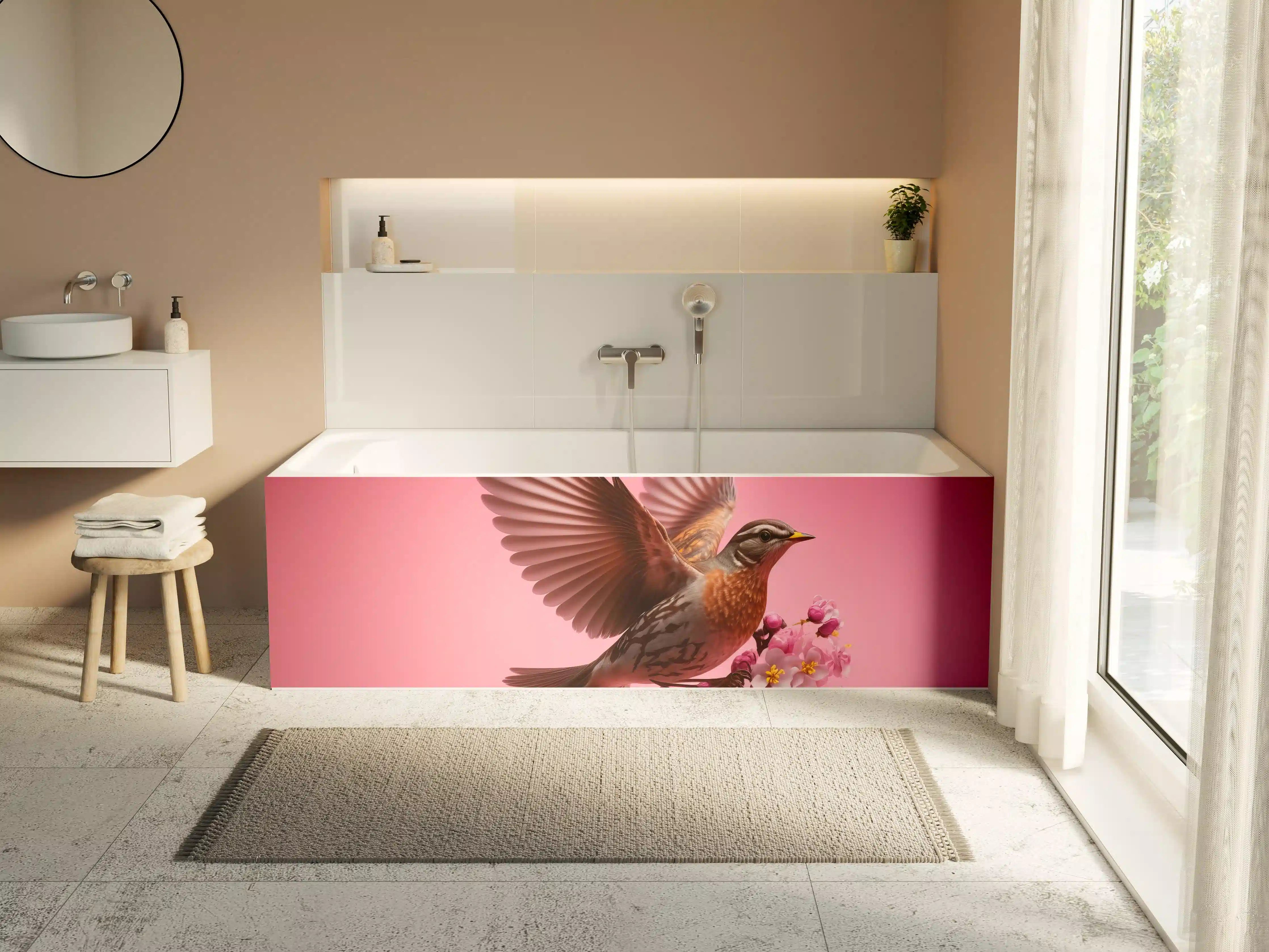 Badewannen-Rückwand - Rosa Kirschblüten Vogelflug